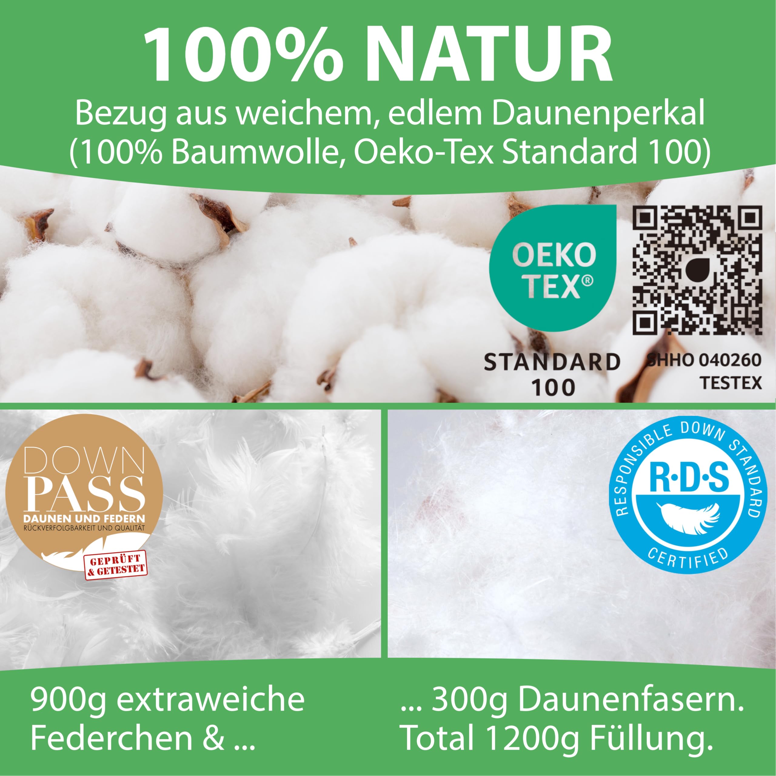 Welldora Premium Kopfkissen 40x80 | 100% Daunenfasern & Federn | Innovatives Puffwolken-Design für höchsten Komfort & Ergonomie | Mittelfestes Kissen fachärztl. geprüft, Oeko-Tex zert. in der Schweiz