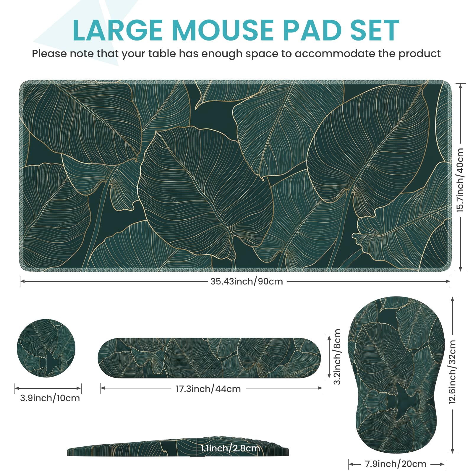 Sous-main 4 en 1 pour clavier et souris, tapis de souris ergonomique vert avec repose-poignet en mousse à mémoire de forme, grand sous-main, support de poignet doux pour clavier (feuilles de