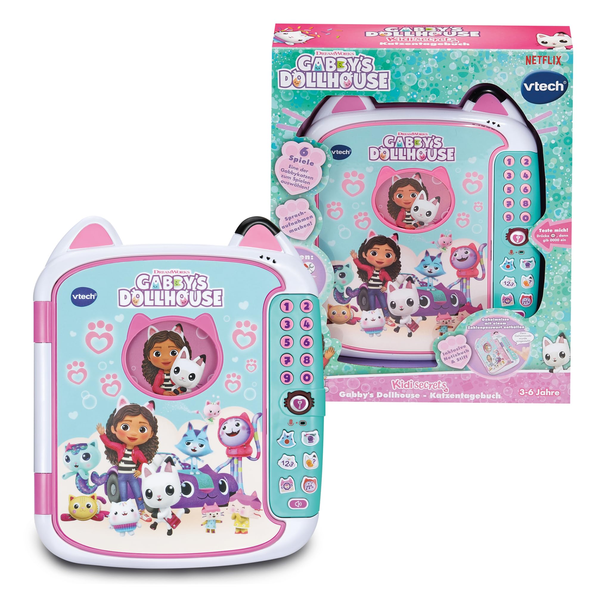 VTech Gabby's Dollhouse Katzentagebuch – Lerntagebuch mit Zahlenpasswort