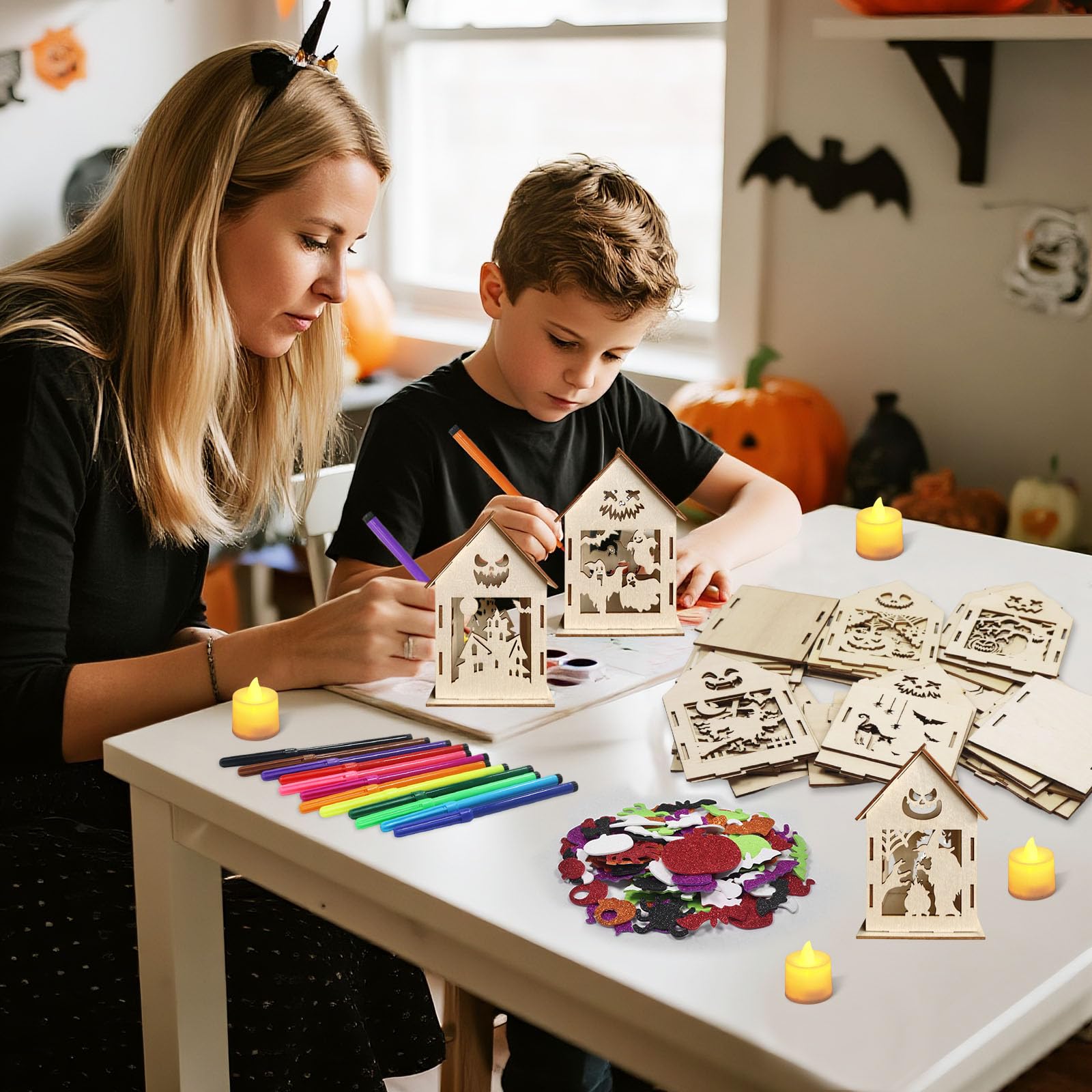 Kit De Manualidades De Calabaza De Halloween – 7 Casas De Madera DIY Para Decorar Y Pintar, Juego Creativo Con Acuarelas Y Pegatinas Para Niños Y Niñas