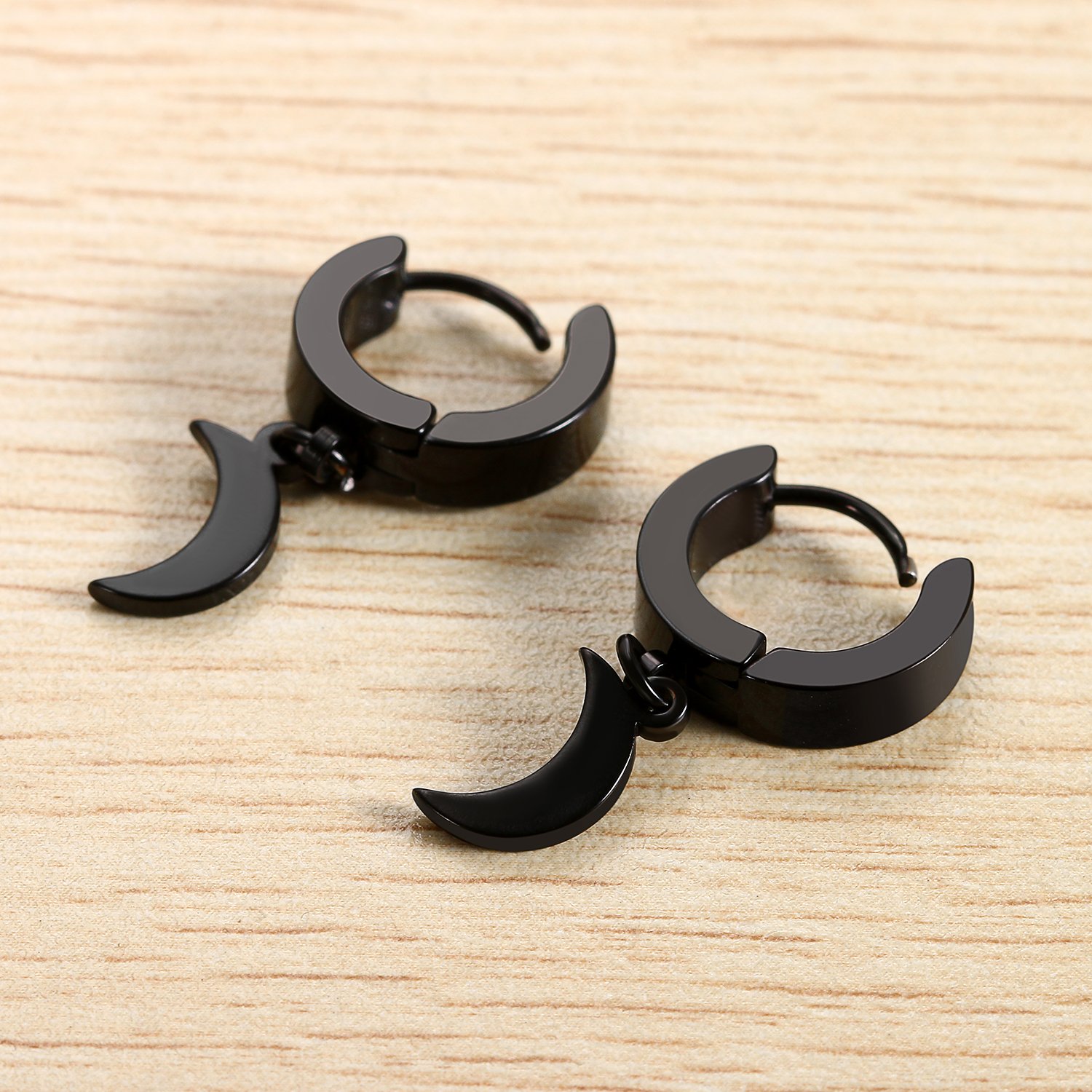 Aretes de aro colgantes de acero inoxidable con luna negra para hombres y mujeres, Acero inoxidable, No es una piedra preciosa 3