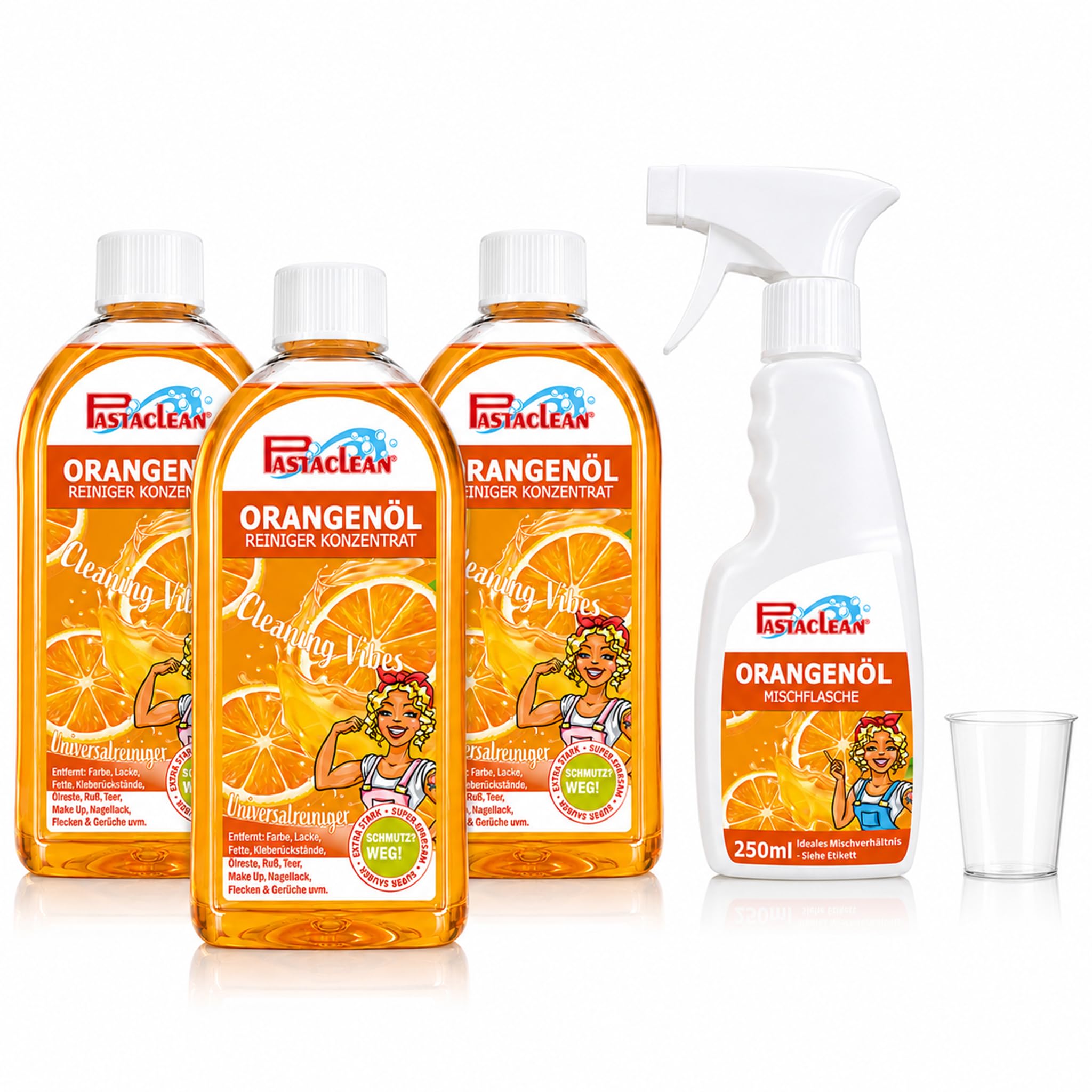 Pastaclean® Orangenöl Reiniger Konzentat 3x 500 ml | Allzweckreiniger | Fettlöser | Fleckenentferner | Küchenreiniger, Badreiniger, Bodenreiniger | inkl. Sprühflasche