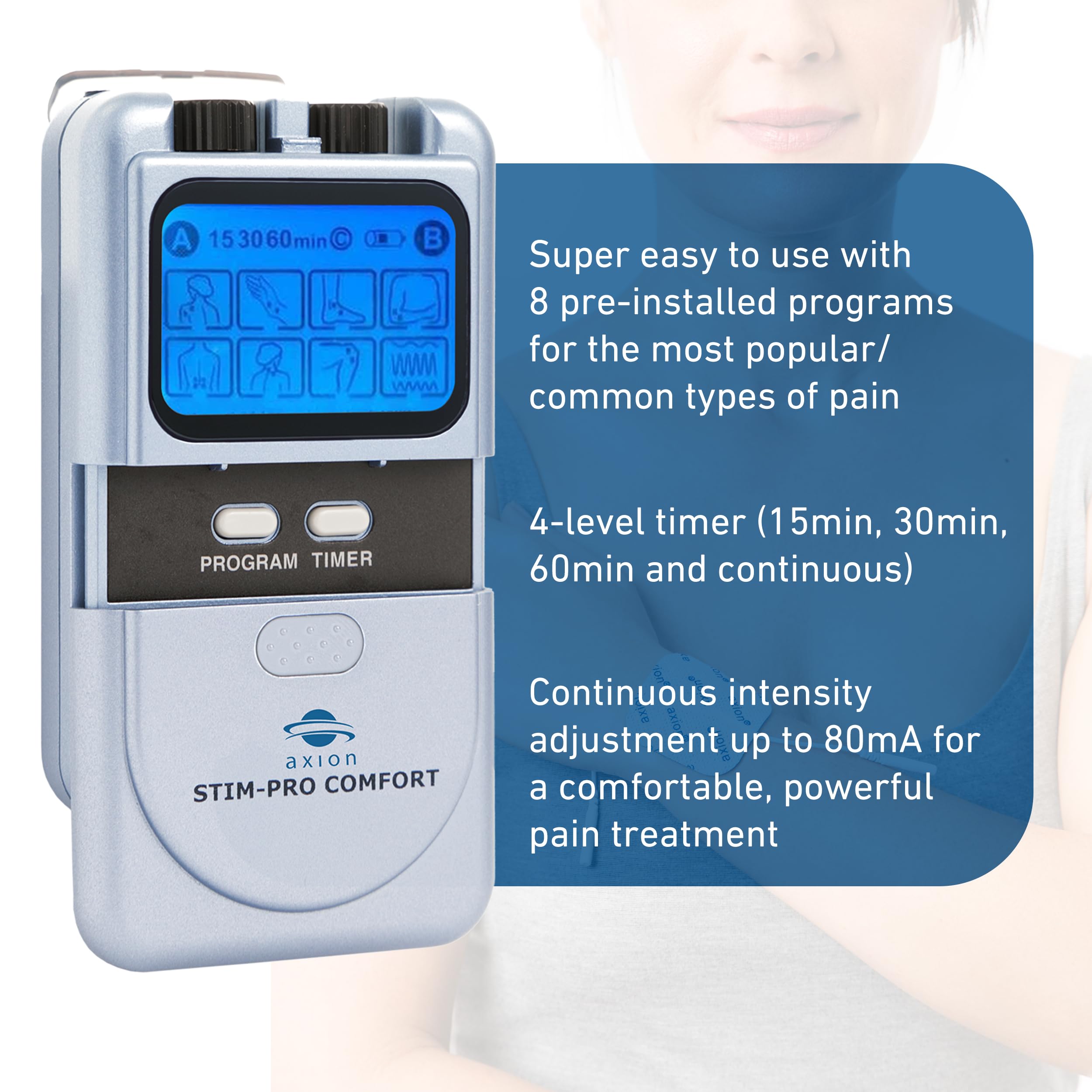 axion TENS Unit STIM-PRO Comfort - with 4 pcs of 2x2‘‘ Electrode Pads | TENS machine muscle and nerve stimulator for drug-free pain relief for sore and aching muscles like back pain