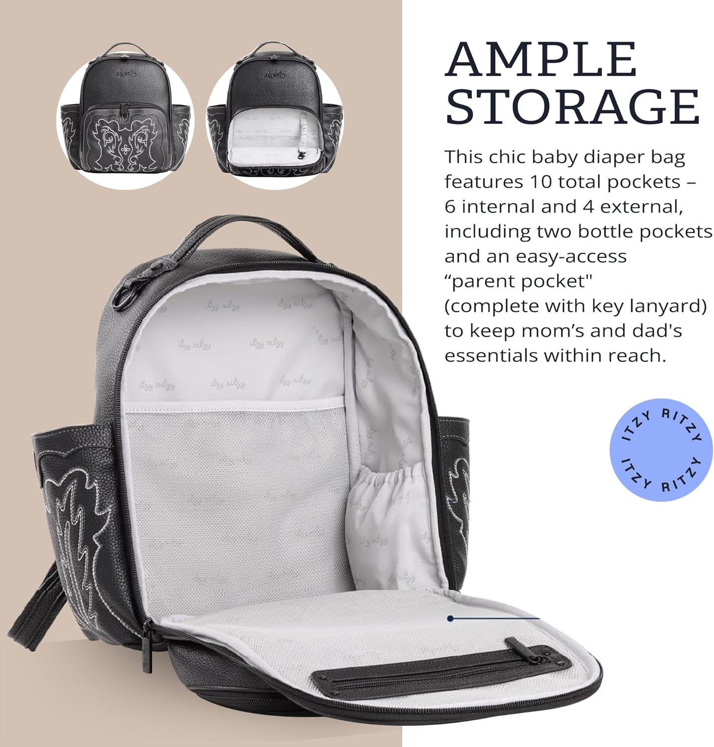 Itzy Ritzy Mini Diaper Bag Backpack – Chic, Compact Mini Plus Backpack with Changing Pad, 10 Pockets (6 Internal, 4 External), Grab-Top Handle & Rubber Feet (Outlaw)