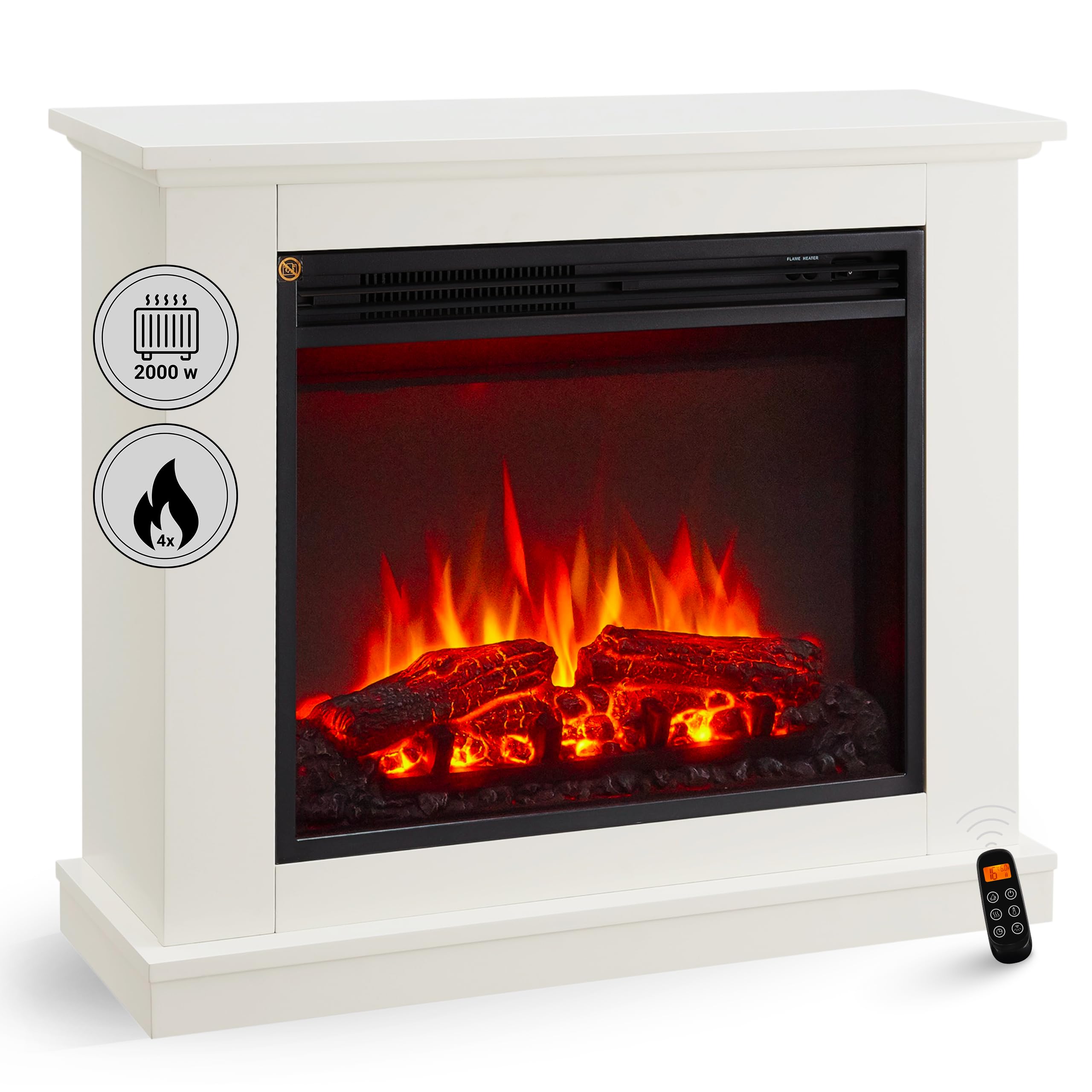 BALDERIA Chimenea eléctrica de pie Phanos | Efecto de Llama 3D | Calentador, Calefacción eléctrica de 2000W | Iluminación Ambiental LED | Mando a Distancia, Temporizador y termostato | Blanco