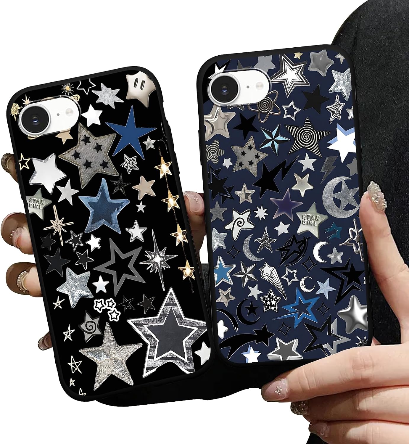 2 Pack Cool Star Phone Case for iPhone 16e 6.1",Cute Silver Stars Aesthetic Y2K Cases Trendy Design Cover for Women Men Girls,Black Silicone Shockproof Protective Funda for iPhone 16e