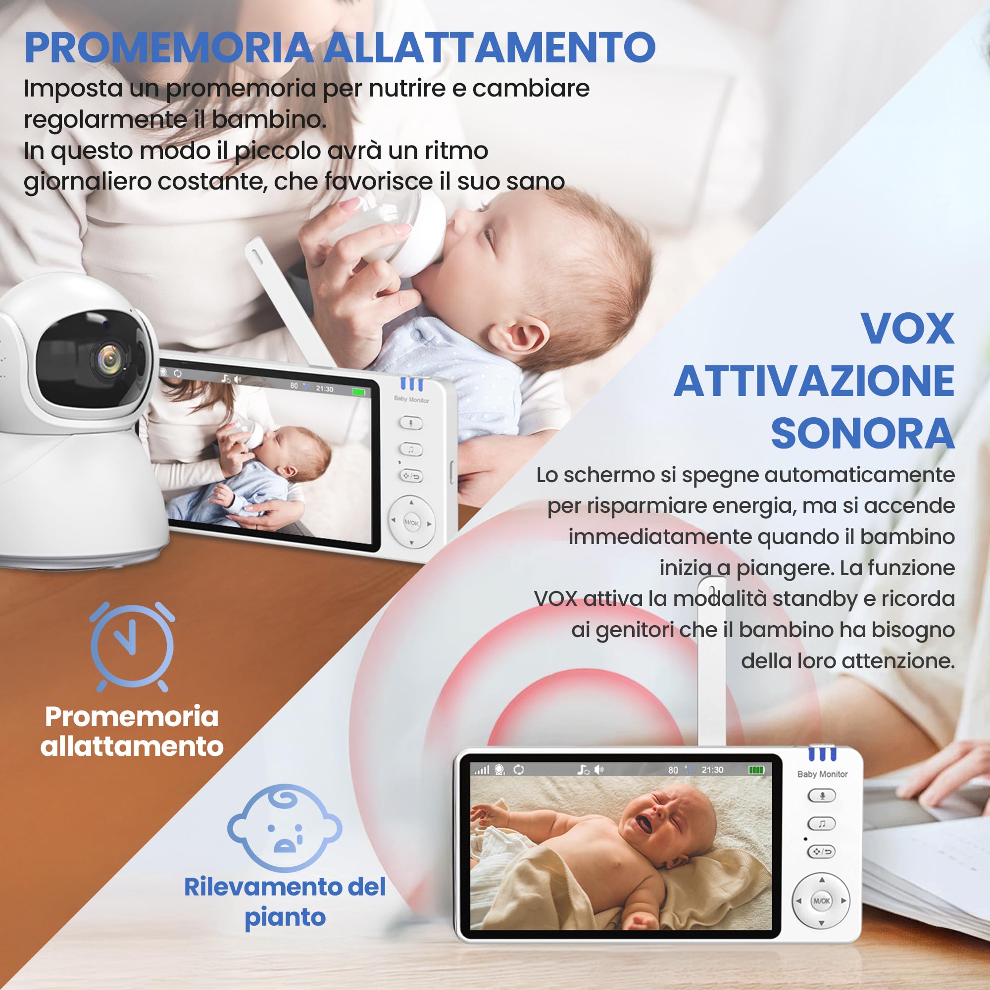 Extralink Babyphone con telecamera senza Wi-Fi, baby monitor con display da 5 pollici, visione notturna, audio a 2 vie, VOX e monitoraggio della temperatura, funzione FHSS 2,4 GHz 300 m, ninna e