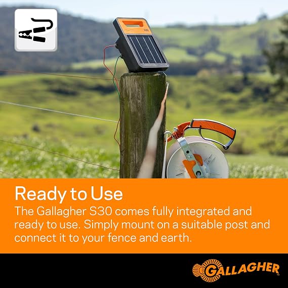 Gallagher S30 Solar Electric Fence Charger with 1640ft Highly Conductive Braided Turbo Wire | Effectively Contain Livestock, Protect Property, and Deter Wildlife