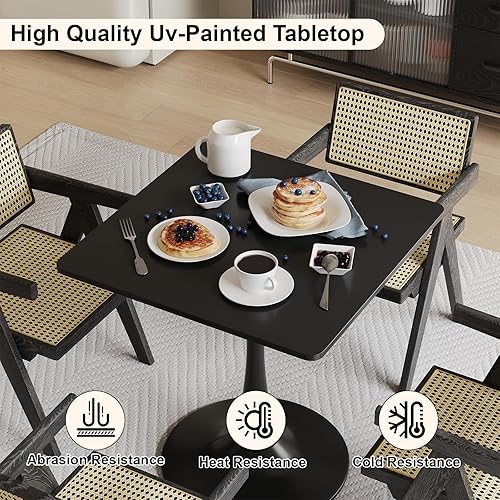 Vista 4 de Mesa de comedor pequeña negra de 24 pulgadas para 2 o 4, mesa cuadrada pequeña de tulipanes para cocina, mesa bistró de madera de esquina redonda