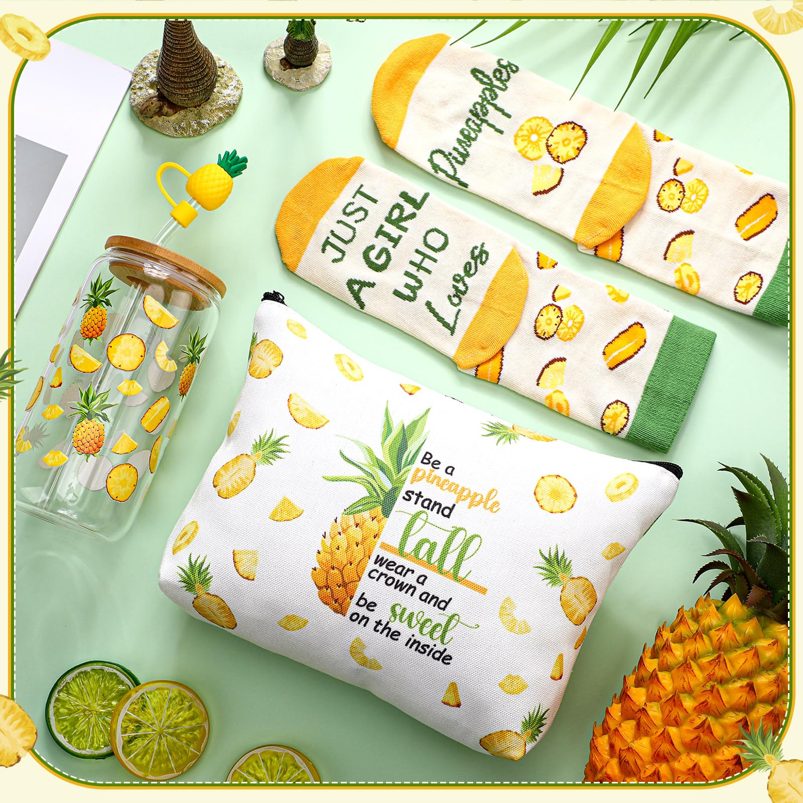 3 Pcs Pineapple Gifts Set for Women Bulk Summer Hawaiian Aloha Gifts for Mother's Day Pineapple Socks 16 oz Cute Drinking Glass Tumbler Cups with Lids and Straws Makeup Bags for Women Birthday Gift