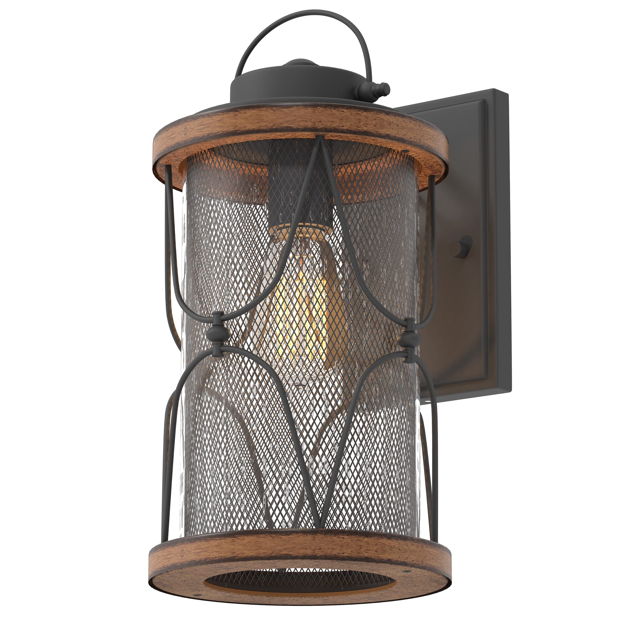 Inlight 13 4/5''H 1-Light Farmhouse Outdoor Exterior Wall Lantern, Clear Seeded Glass Shade and Meshed Metal, Matte Black and Barnwood Finish, Bulb Not Include, IN-0605-2-BK