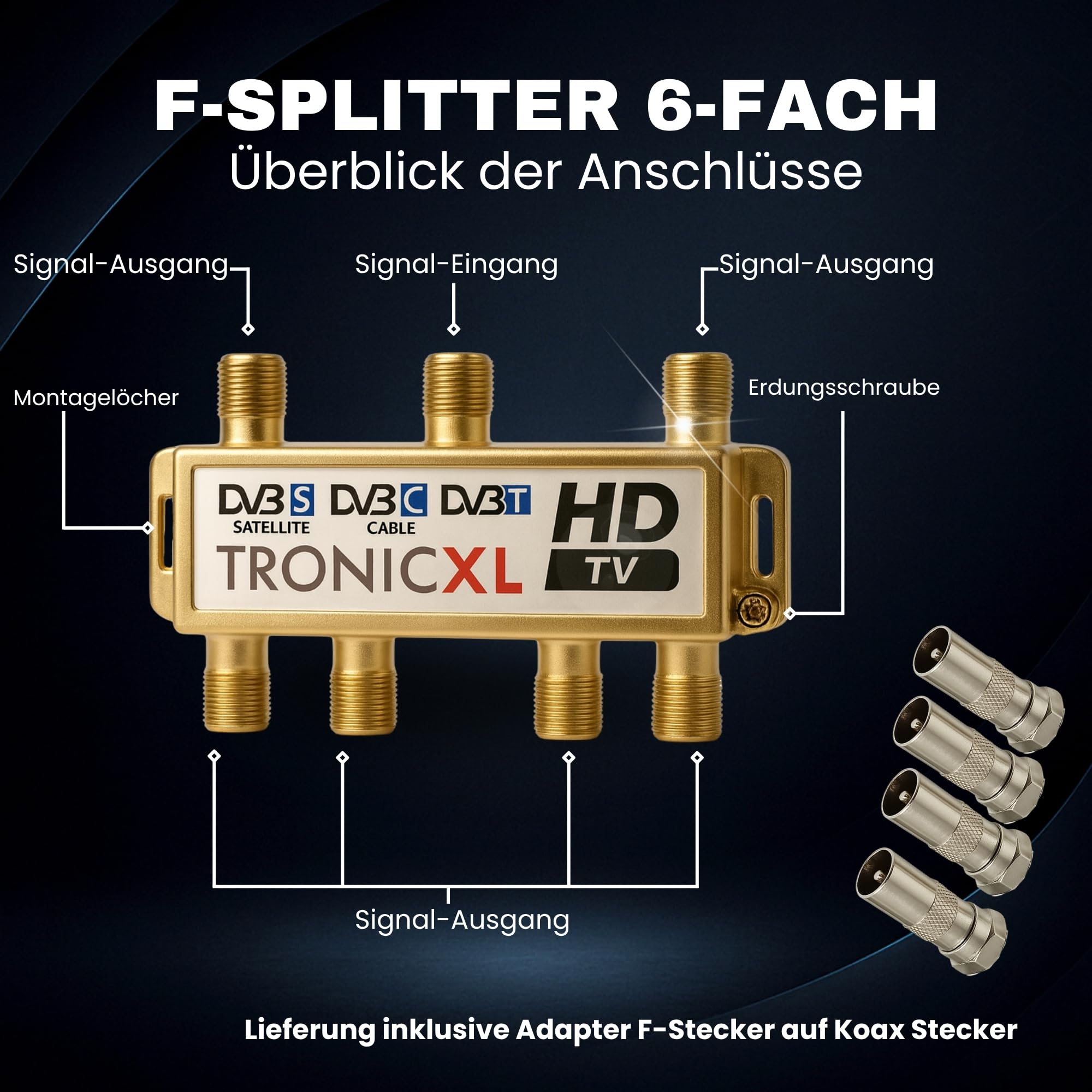 TronicXL 4K - Divisor de satélite 6 compartimentos 3D / HD apto para TV entrada de CC cable de distribución de antenas DVBC DVBT por ejemplo FM