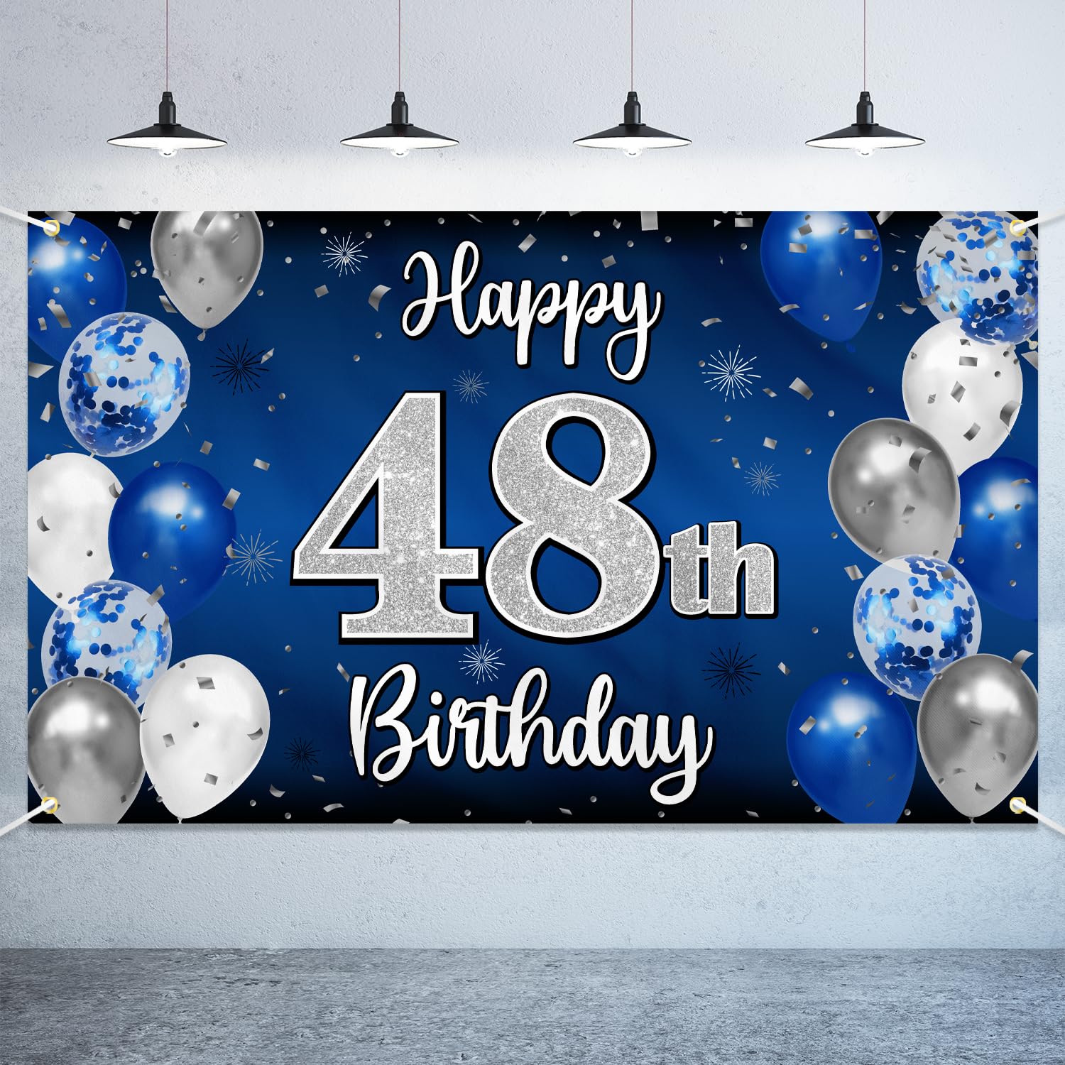 Nelbiirth Happy 48th Birthday Decorations,48th Blue & Silver Balloon Large Birthday Banner Backdrop Sign,Cheers to 48 Years Old Bday Party Supplies.