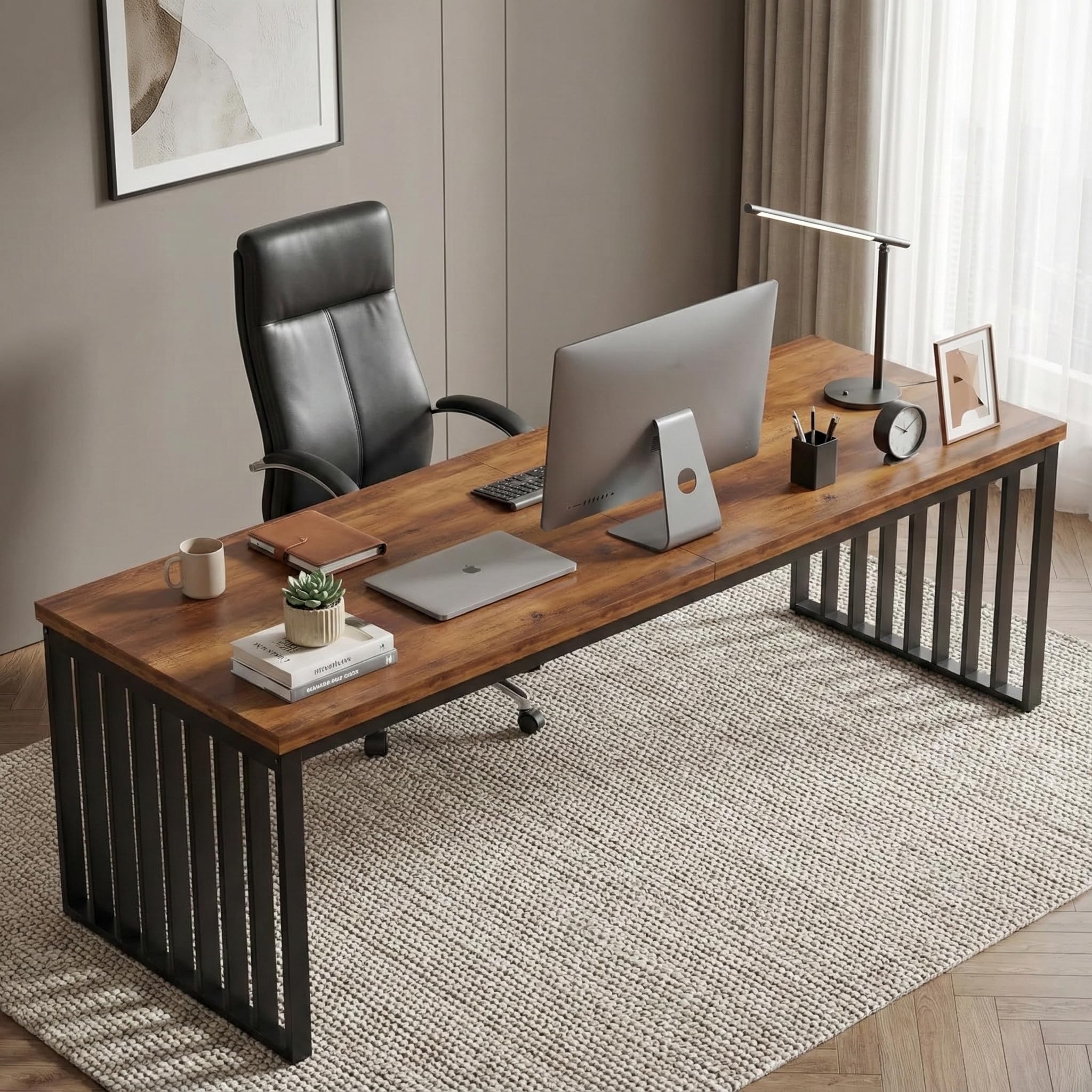 Lailang 180cm Bureau Informatique, Postes de Travail Informatiques, Table Pc Gamer, Bureau Industriel Bois Et Metal, 180 x 60 x 75 cm, Brun