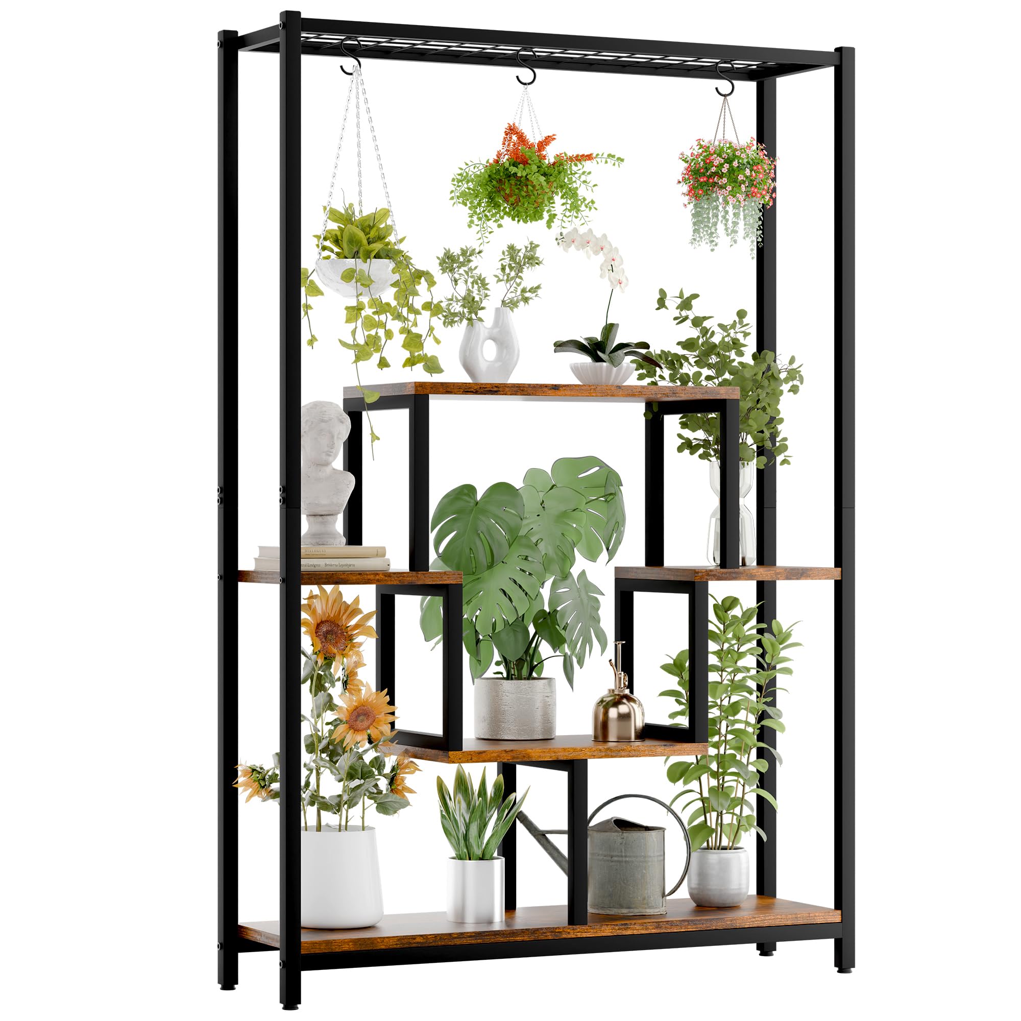 Xilingol Indoor Tall Plant Stand, 70.9 inches Large Metal Plant Shelf with 10 Hanging Hooks, 5-Tier Multi-Purpose Flower Bonsai Pots Display Rack for Garden, Balcony and Living Room, Brown