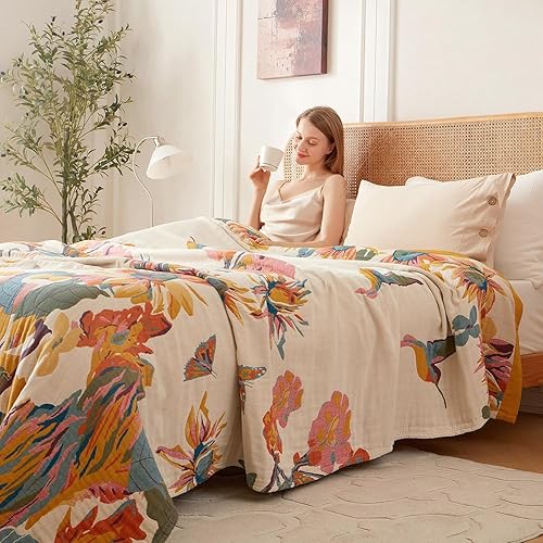 Miniatura 2 de Manta bohemia, suave 100% algodón para cama, 50 x 60 pulgadas, reversible, transpirable, ligera, para otoño, todas las estaciones, decoración de