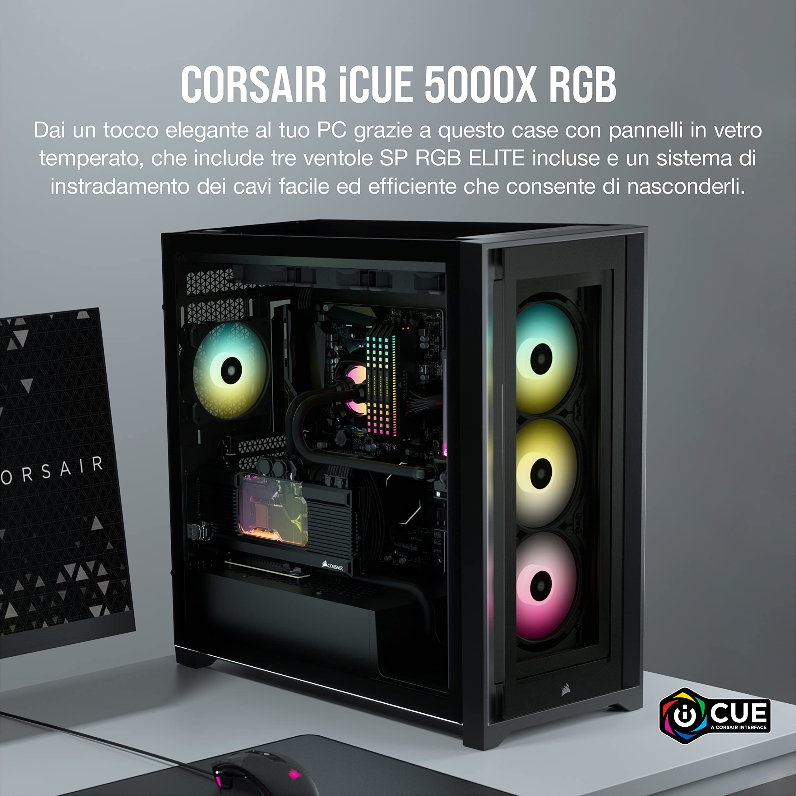 Corsair iCUE 5000X RGB Case ATX Mid-Tower, Quattro Pannelli in Vetro Temperato, Sistema di Gestione dei cavi Corsair RapidRoute, Tre Ventole RGB da 120 mm Incluse, Nero