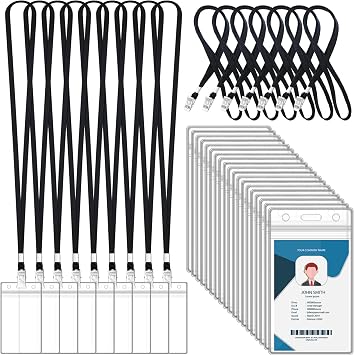 100 Sets Lanyards for Id Badges and Clear Plastic Vertical Name Badge ID Card Holders, Flat Neck Lanyards with Clip Waterproof Resealable Name Tag Badge ID Card Holders, Black