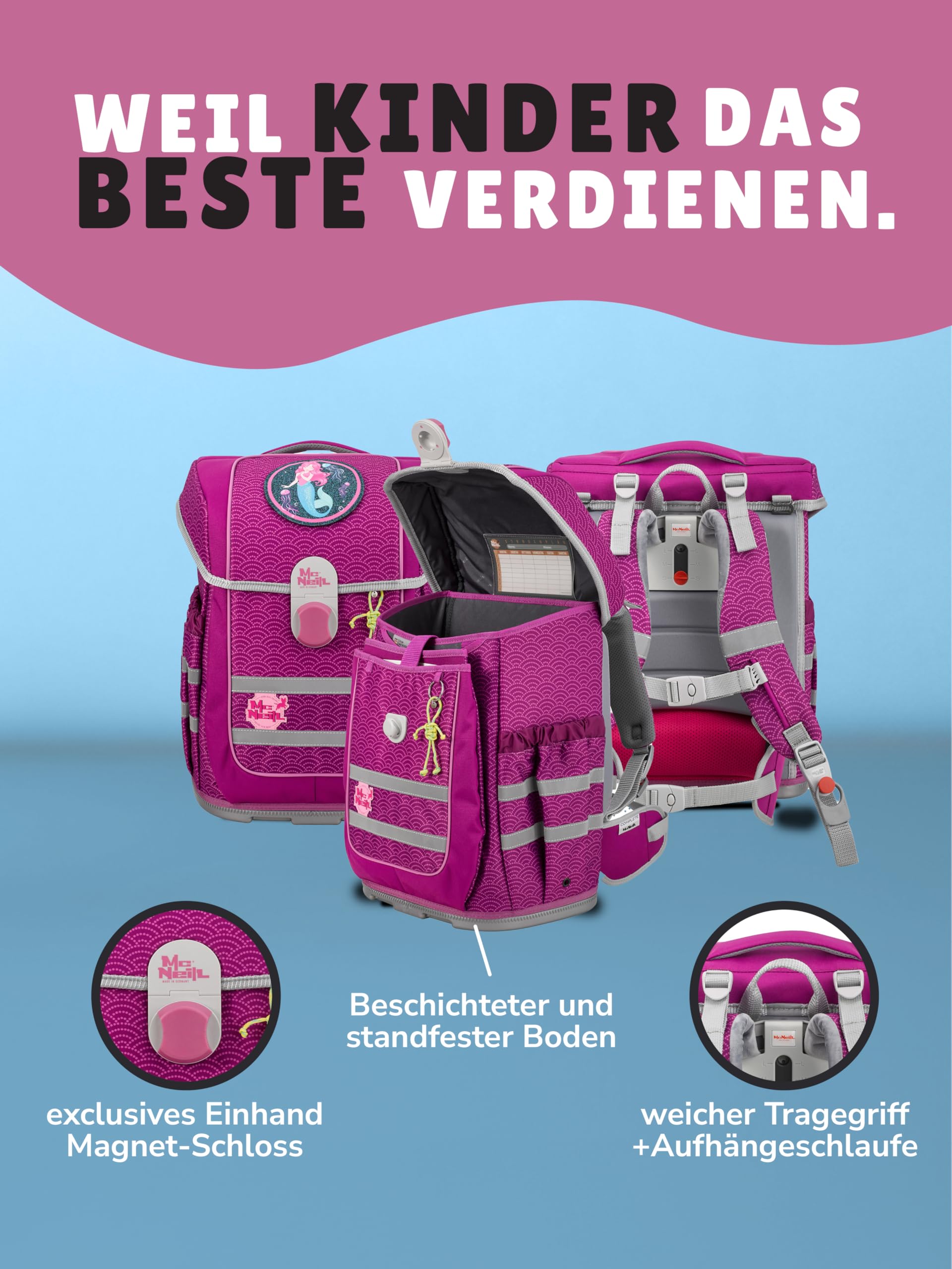 Familando - McNeill ERGO COMPLETE Schulranzen Set - 9-teilig mit Schultüte - Meerjungfrau - Ergonomisch & 3-fach verstellbar - 1150g leicht mit 20L Volumen & Reflektoren - aus recyceltem Ocean Plastic