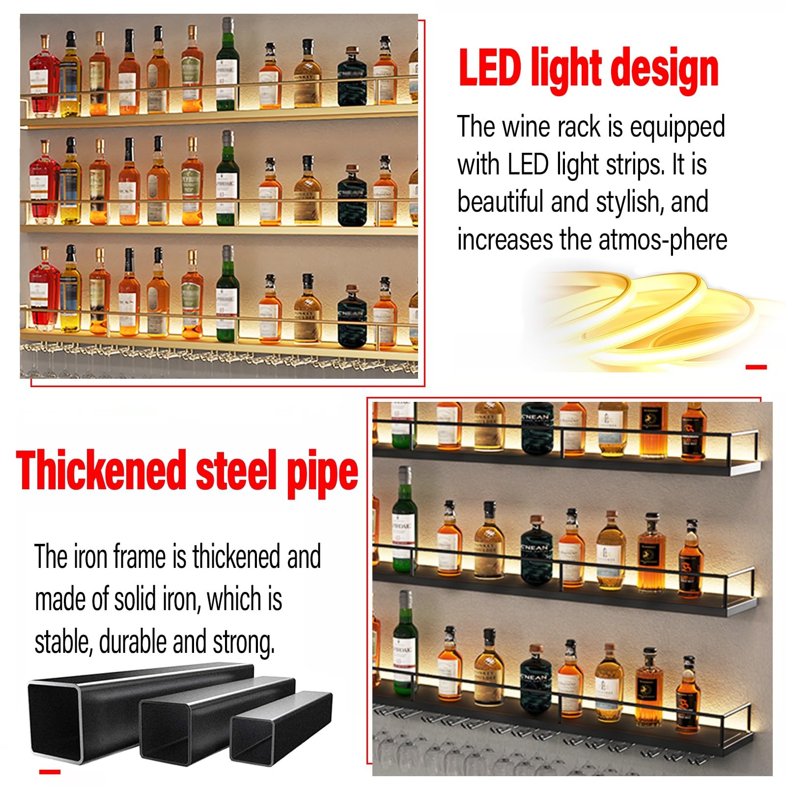 Portabottiglie da parete con illuminazione a LED, mensola in metallo per liquori da 150 cm, supporto galleggiante per cucina, sala da pranzo e bar, design nero (senza gancio)