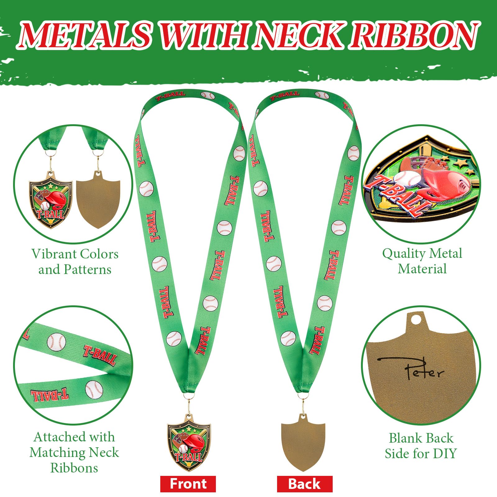 12/24/36 Stück 6,5 cm Auszeichnungsmedaillen mit Nackenband, Sportgewinner-Medaille, Trophäe für Team-Turniere, Preis, Geschenk, Teilnahme, Wettbewerb, Partygeschenk (24 Stück, T-Ball)