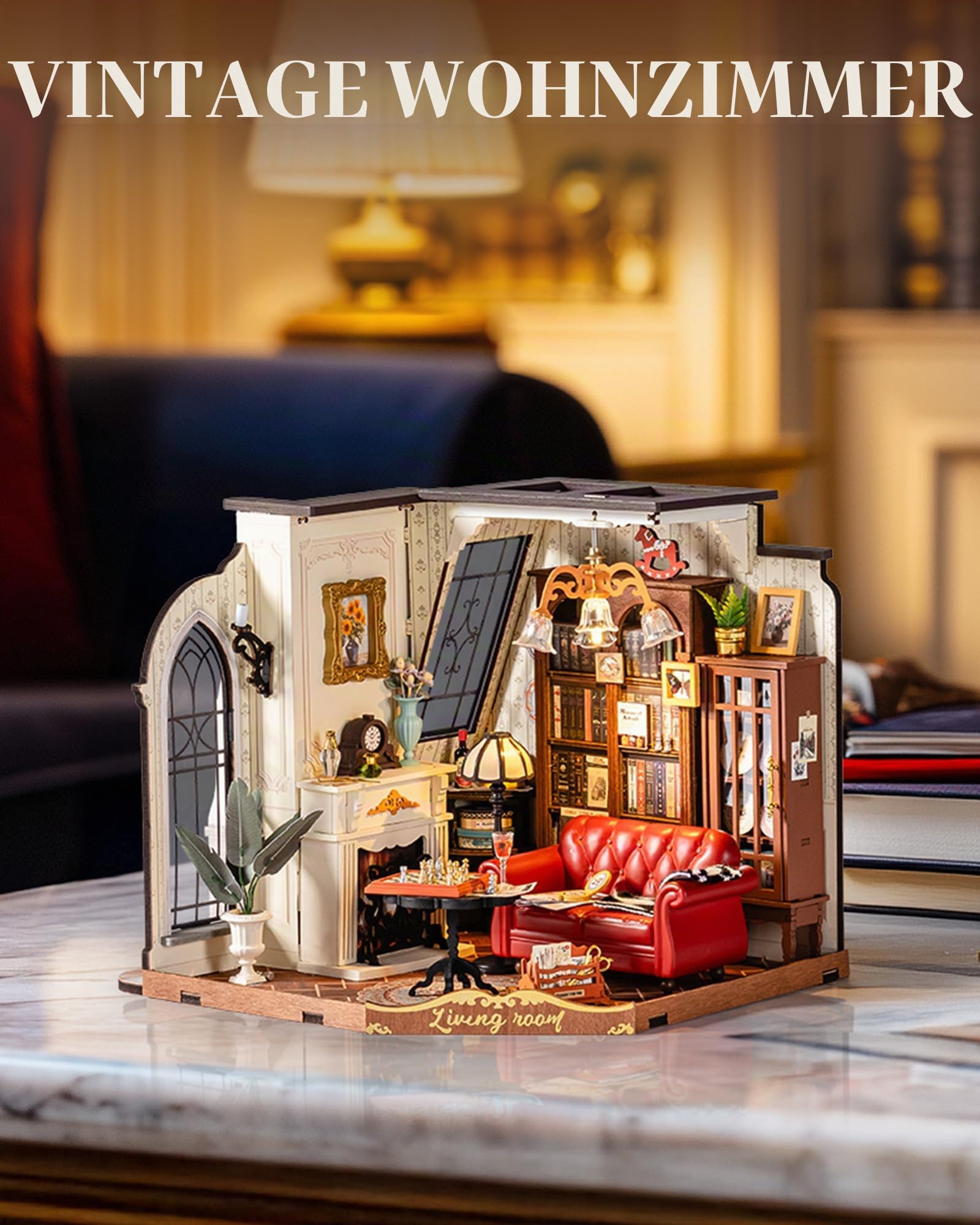 ROBOTIME Miniaturhaus-Bausatz Catherine's Living Room, Puppenhaus-Modell aus Holz mit LED-Beleuchtung, Kreativ-Bausatz für Erwachsene, Vintage-Geschenk für Frauen oder Mädchen