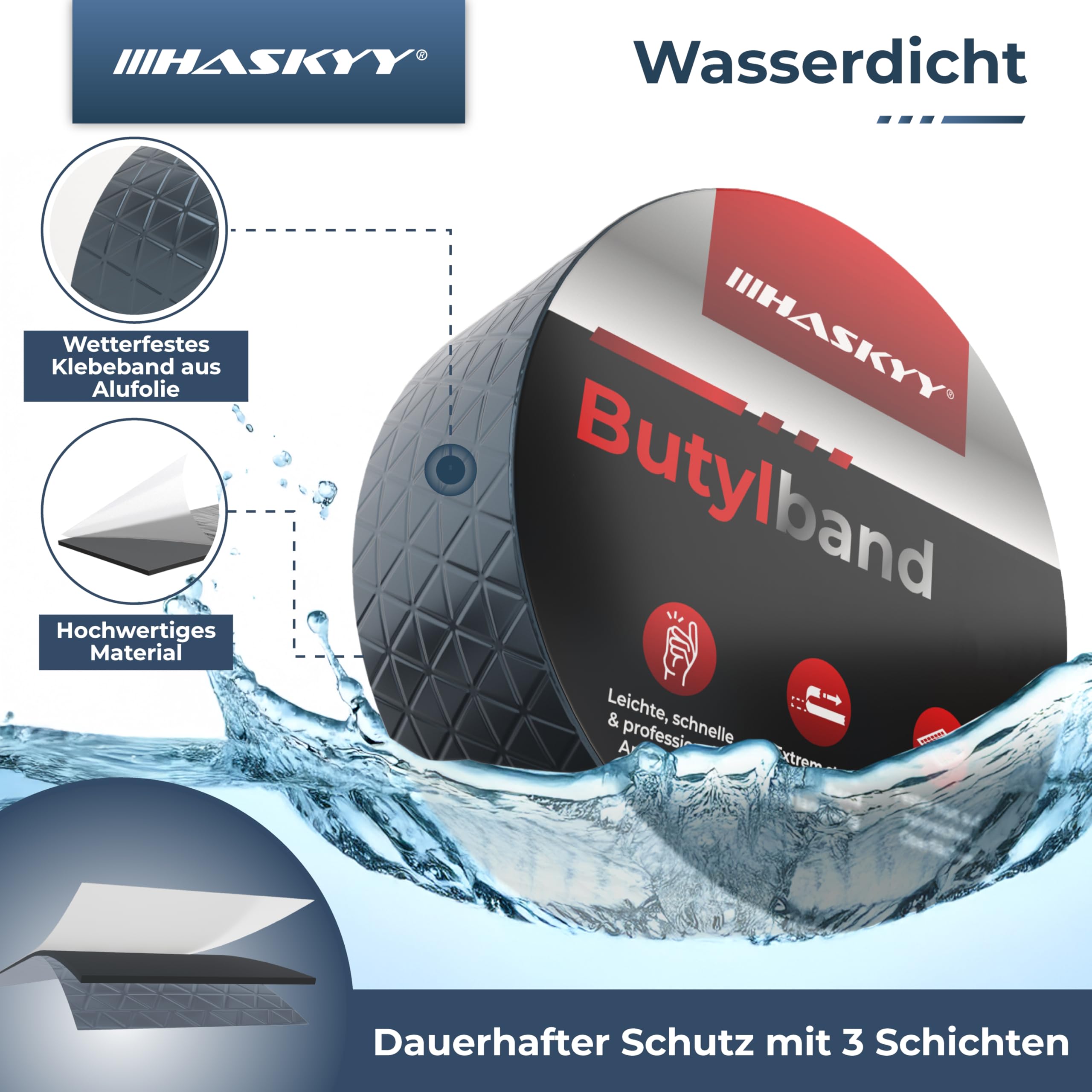 HASKYY Wasserdichtes Klebeband Butylband I 50mm*10m Anthrazit hochwertig selbstklebend mit Aluminiumfolie I Butyl-Tape alterungsbeständig korrosionsbeständig UV-beständig