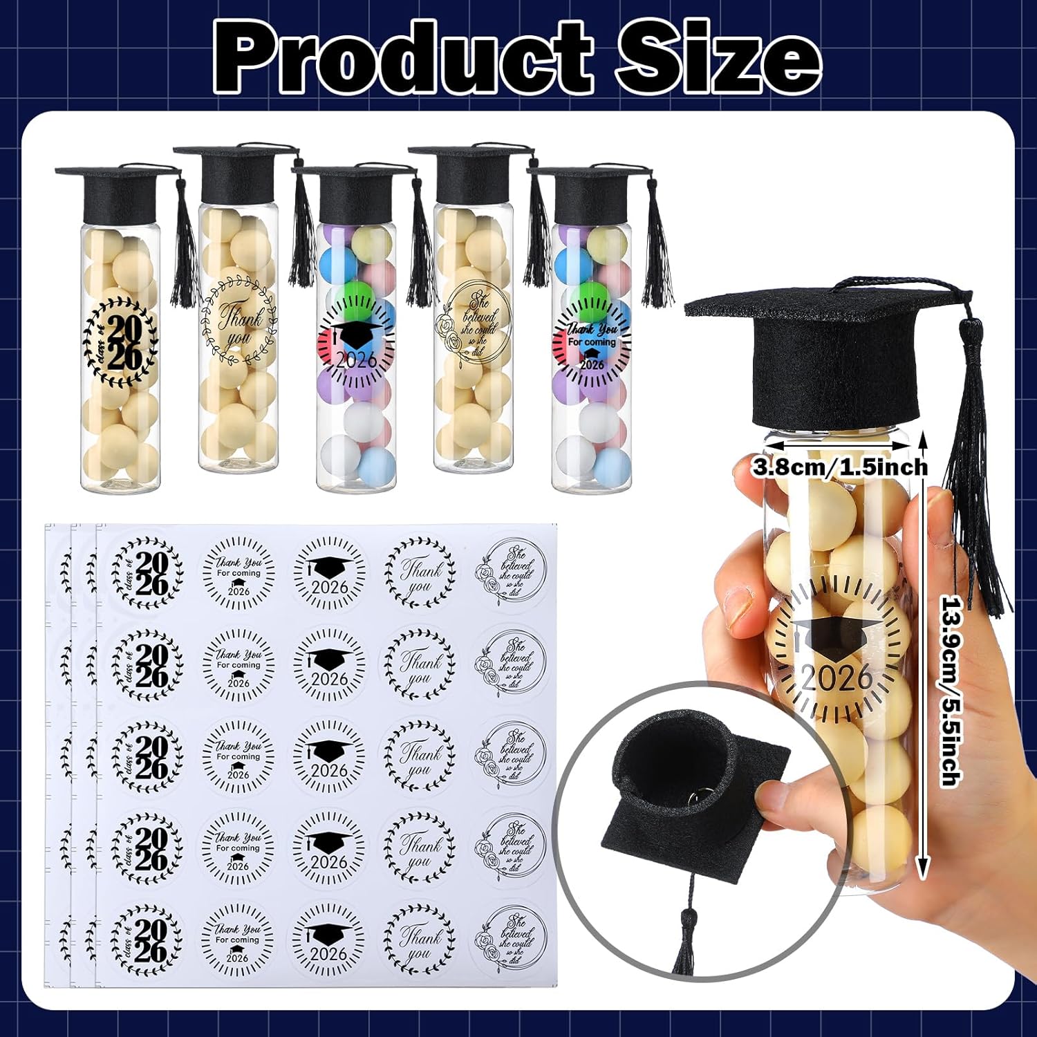 50 Pcs Graduation Candy Tubes 2026 Graduation Party Favors Candy Boxes Plastic Grad Cap Jars Container with Tassels and Stickers for DIY Grad Table Party Favors (Black)