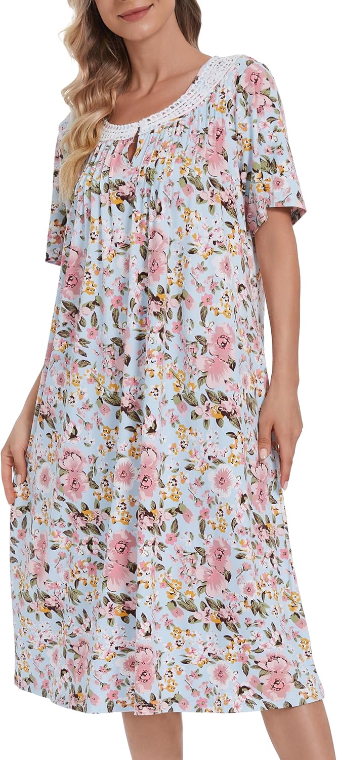 COSUNIONY Cotton Nightgowns for Women Soft Sleep Dress Ladies Short Sleeve Sleepwear with Pockets - Image 4