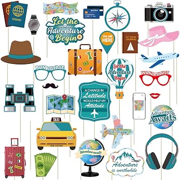 Let The Adventure Begin Photo Booth Props,31pcs Adventure Awaits Party Decorations Photo Props for Bon Voyage Around The World Decor Travel Themed Party Supplies