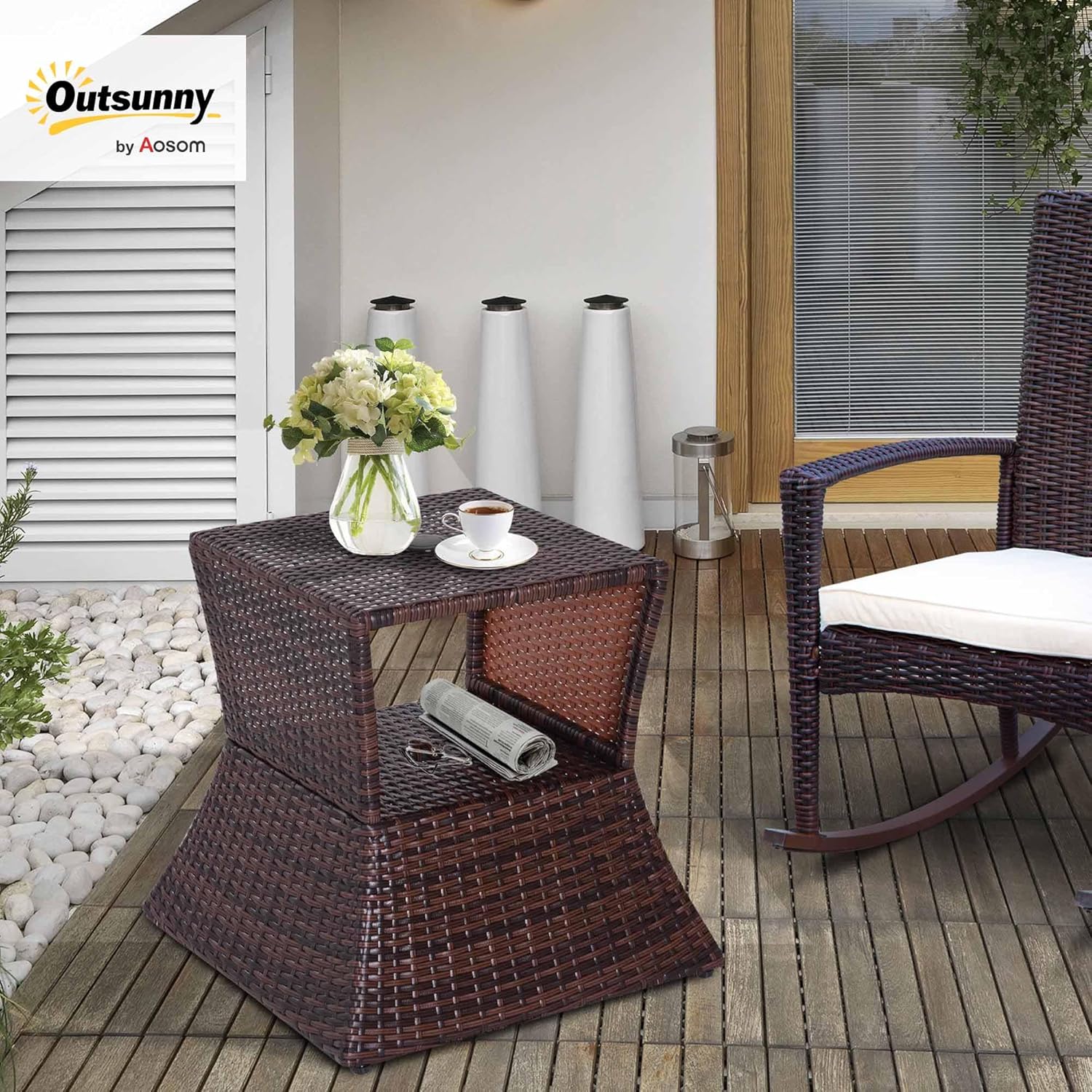 Outsunny Outdoor Side Table with Umbrella Hole, 2 Tier Rattan Wicker End Table with Storage Shelf, All Weather for Patio, Garden, Backyard, Mixed Brown