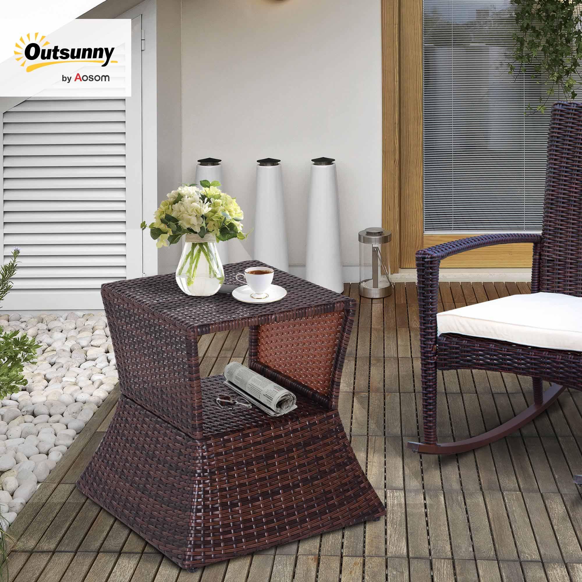 brown wicker patio table with umbrella hole Outsunny Outdoor Side 2 Tier Mixed LENGTH:LWTS76MLXF / 7'6