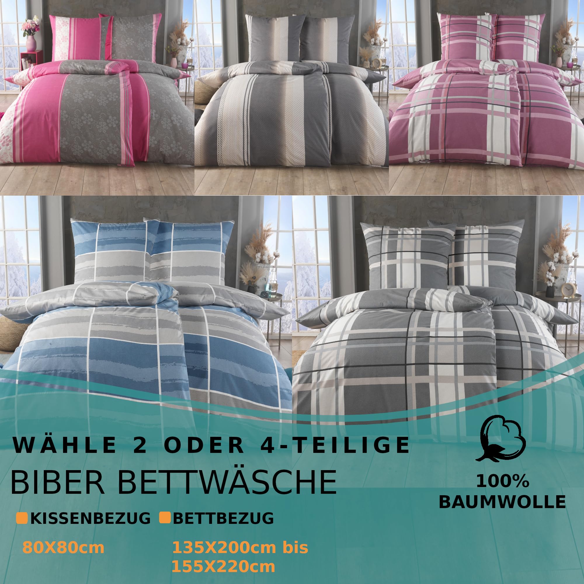 MALIKA 4-częściowa przytulna bawełniana pościel z delikatnej flaneli 135 x 200 + 80 x 80 poszewka na poduszkę, puszysta, ciepła poszewka na kołdrę, wymiary: 2 x 135 x 200 + 2 x 80 x 80 cm, motyw