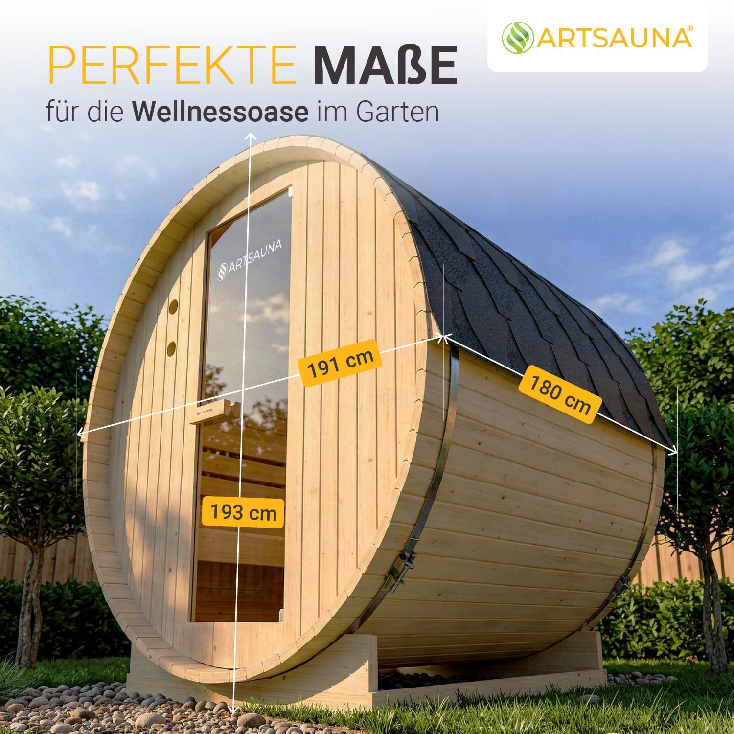 Artsauna Outdoor Fasssauna Spitzbergen 180 für 4 Personen - 6 kW Ofen, Saunasteine & Zubehör - Fichtenholz Außensauna
