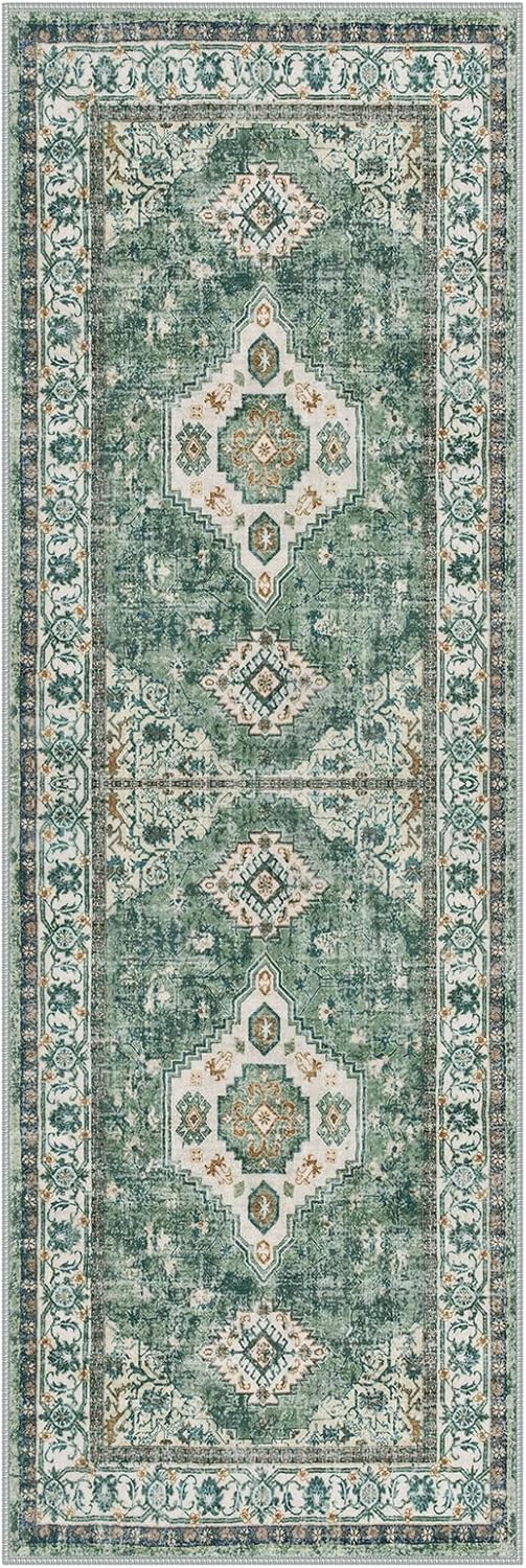 Green Floral 2' x 6' Washable Non-Slip Runner Rug