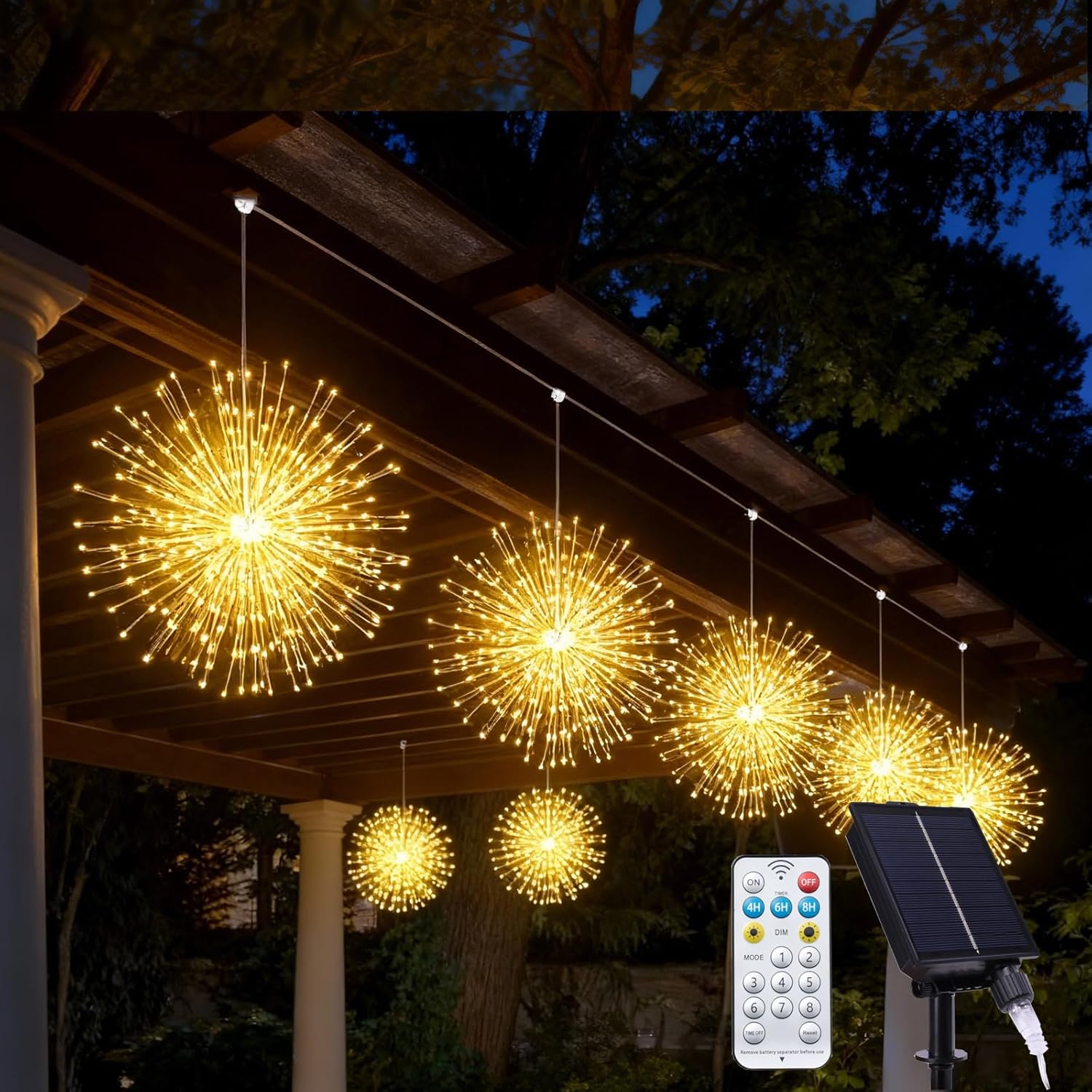 Vigdur Solar Firework Lights Outdoor, 5 Packs 1250 LED 8 Modes Hanging DIY Starburst Fairy Lights with Remote Timer USB Rechargerable for Garden Gazebo Porch Wedding Party Decor(Warm White)