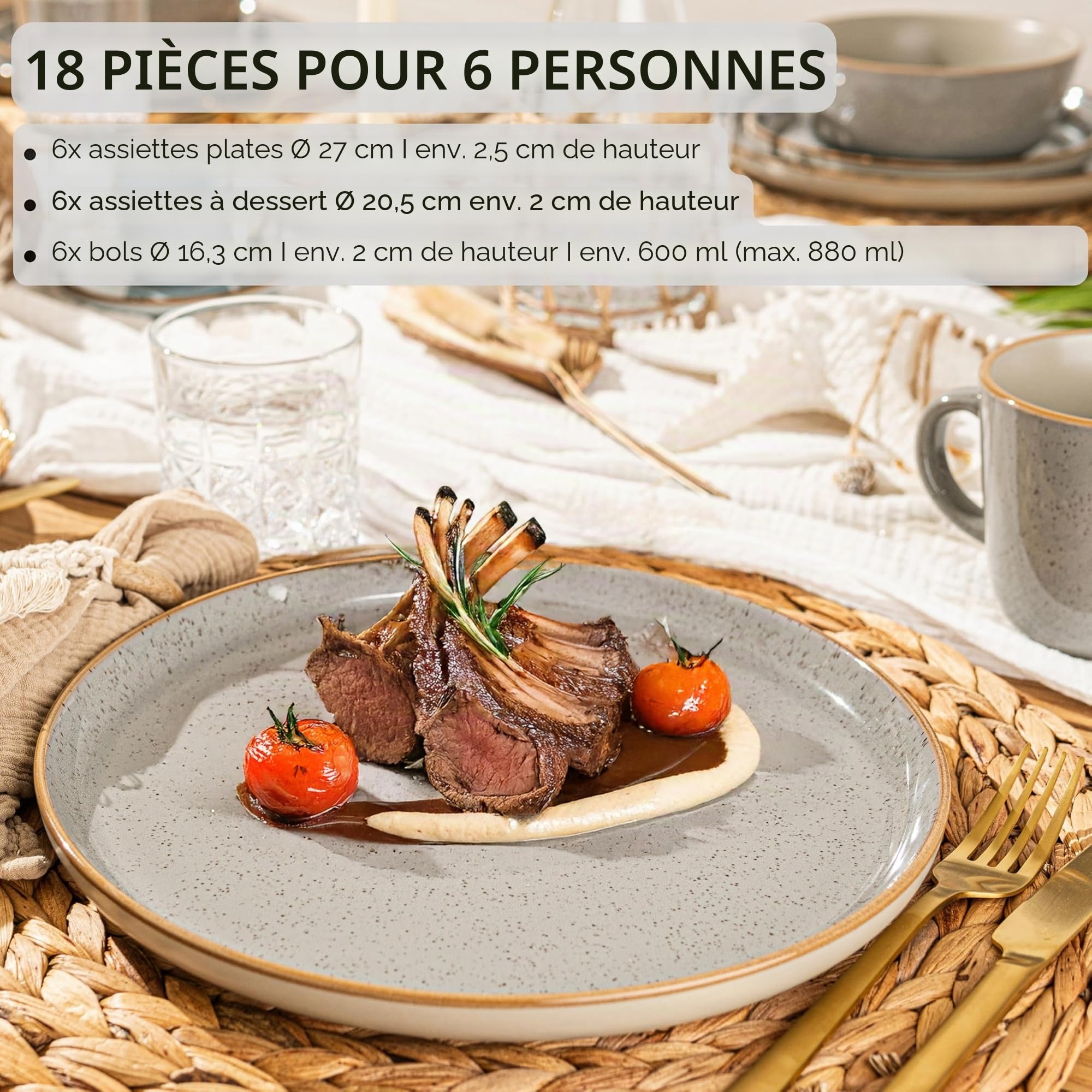 SÄNGER Value Collection Rio - Service de table 18 pièces en faïence pour 6 personnes - 6 assiettes plates, 6 assiettes à dessert - 6 bols et bols gris