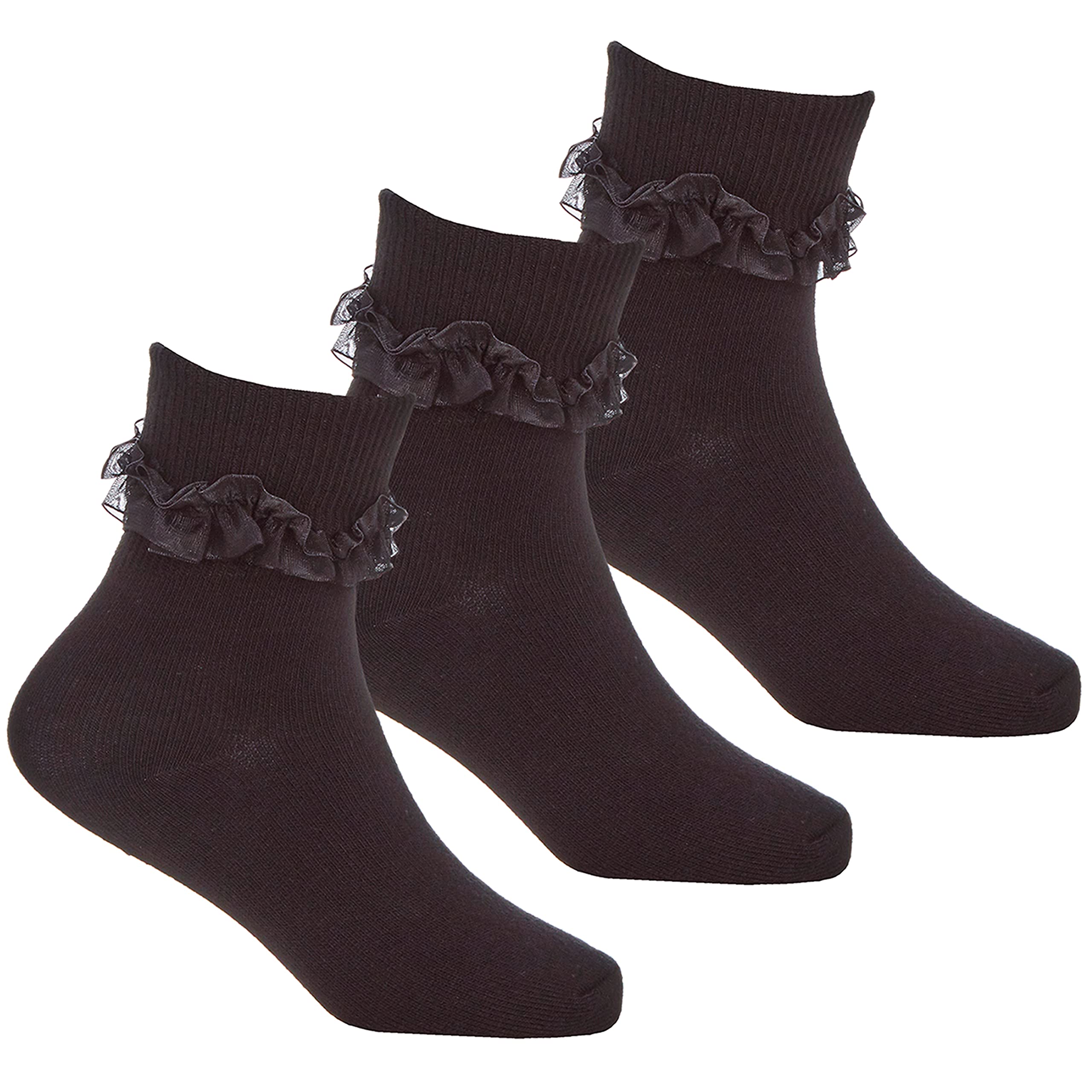 Metzuyan Girls 3-Pack Frilly Socks Organza Lace Frill Back to School Black 12.5-3.5