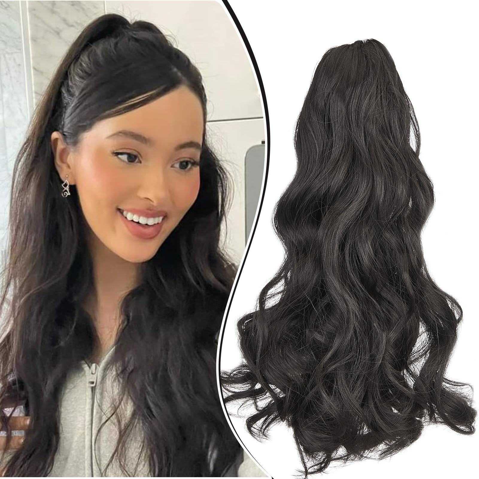 Dcbaboo 18inch Claw Clip in Ponytail Hair Extensions Long Wavy Ponytail Extension Curly Synthetic Pony tails Natural Wave One Piece Hairpiece Fake Ponytail for Women Dark Brown