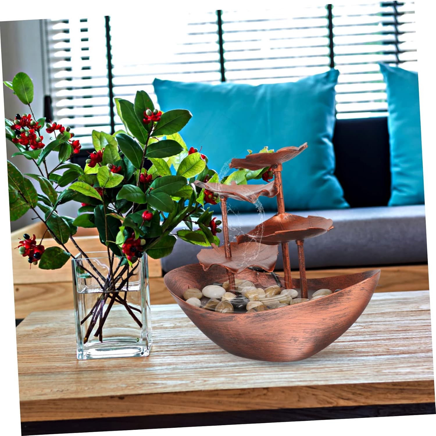 Luxshiny Waterfall Decor Tabletop Fountain Led Light Living Room Ornament Plastic Material Waterfall Fountain