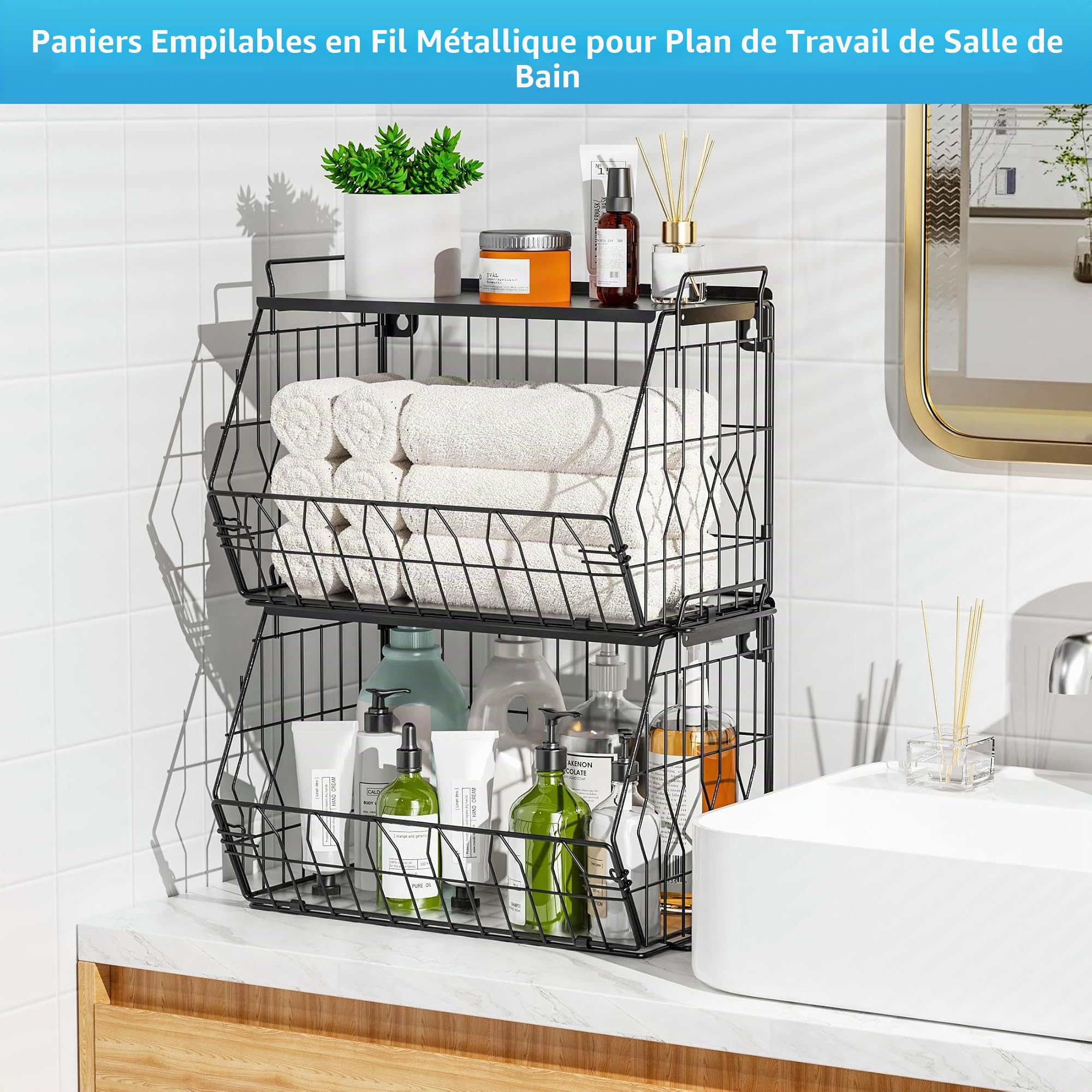 Ezprotekt Lot de 2 corbeilles à fruits empilables avec couvercles en métal, corbeilles à fruits, paniers à fruits empilables à fixation murale, paniers de rangement pour pommes de terre, oignons pour