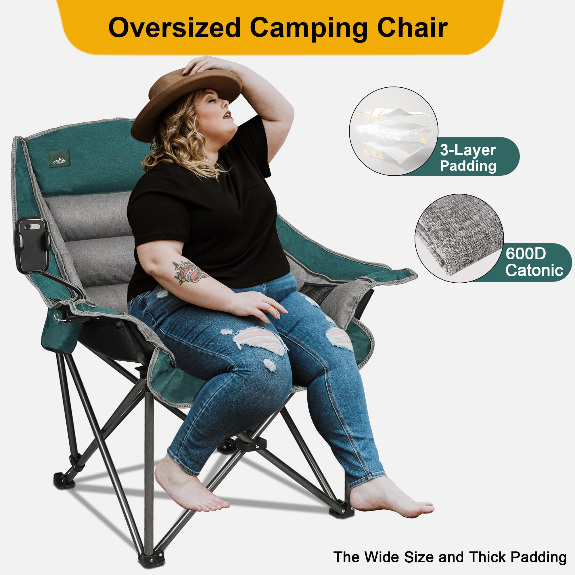 Northroad Übergrößer XL Gepolsterter Campingstuhl mit Handyhalter, Großer Campingstuhl, Klappbarer Gartenstuhl mit Becherhalter, Tragetasche für Outdoor, Strand, Picknicks, Robuste 180kg