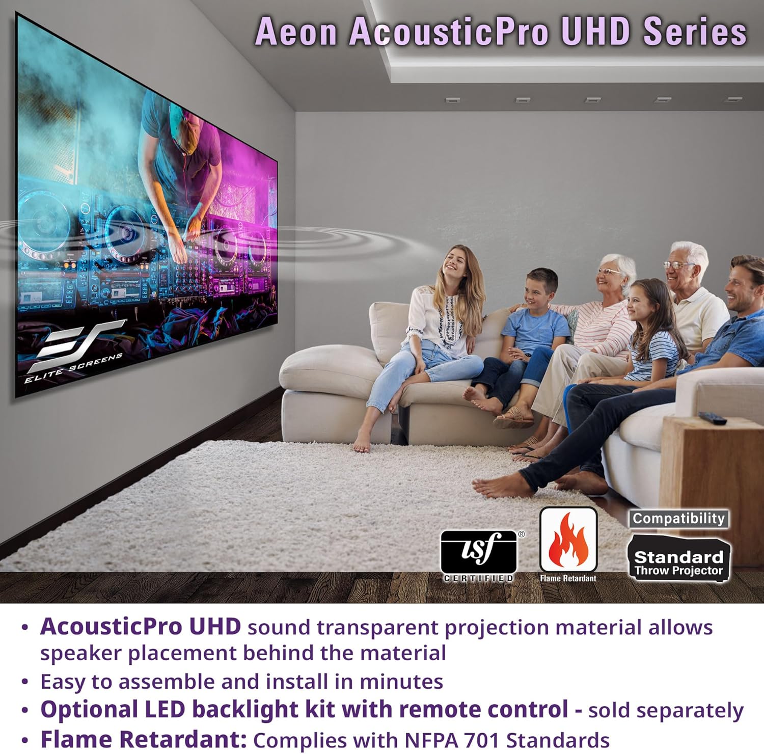 Elite Screens Aeon AUHD Series, 150-inch 16:9, 4K Home Theater Fixed Frame Edge Free Borderless Projection Sound Transparent Perforated Weave Projector Screen, AR150H2-AUHD
