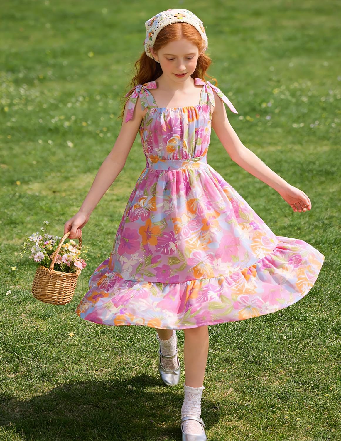 GRACE KARIN Girls Floral Chiffon Dress Summer Hawaiian Beach Vacation Party Wedding Birthday Sleeveless A-Line 7-14Y - Image 3