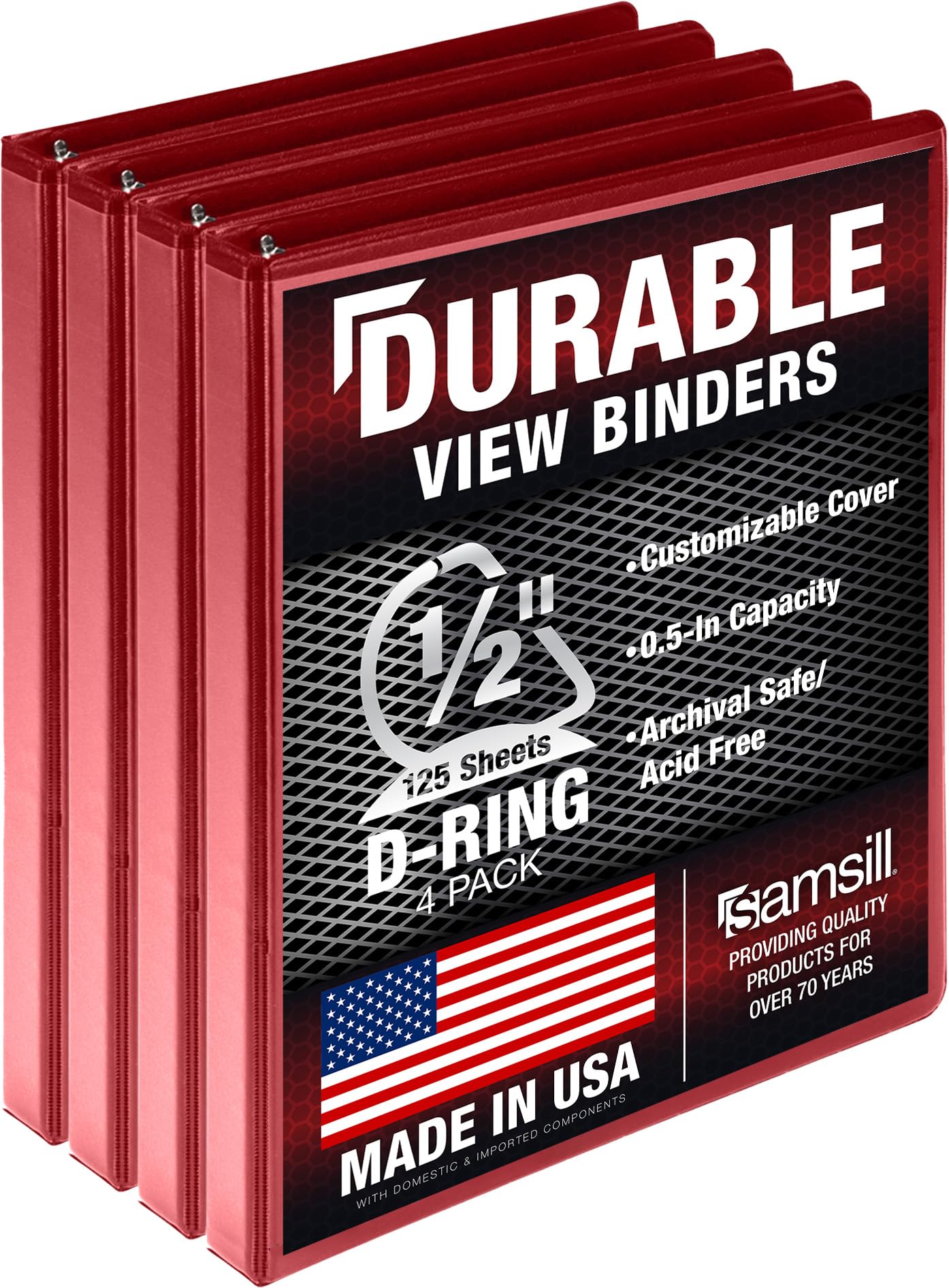 Samsill Durable 0.5 Inch 4 Pack Binder, D-Ring, Red | Value Pack Storage Binder for Students - main product image