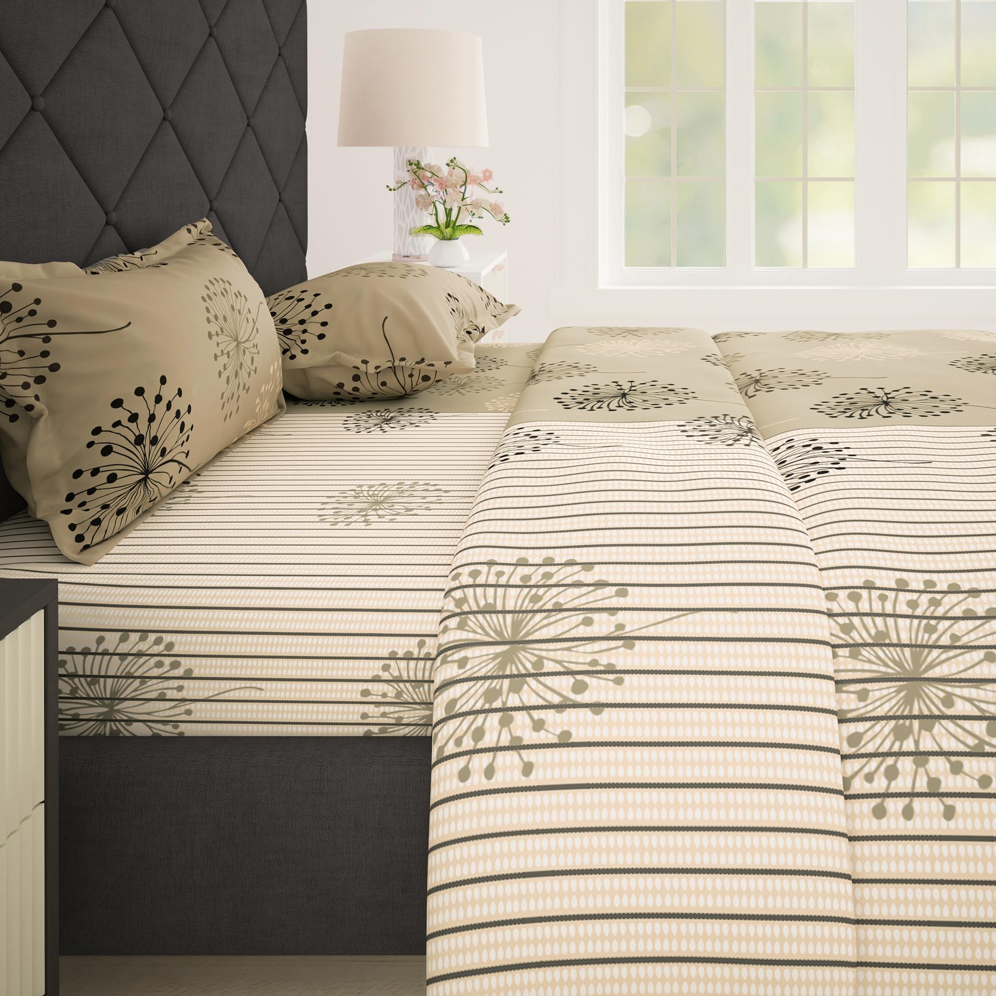 Story@Home Cotton Bedsheet for Double Bed with 2 Pillow Covers 186 TC 225x250 cm, Beige, Floral Queen Size Bed Sheet | Perfect for Home Decor & Ultimate Comfort | Ideal for Gifting
