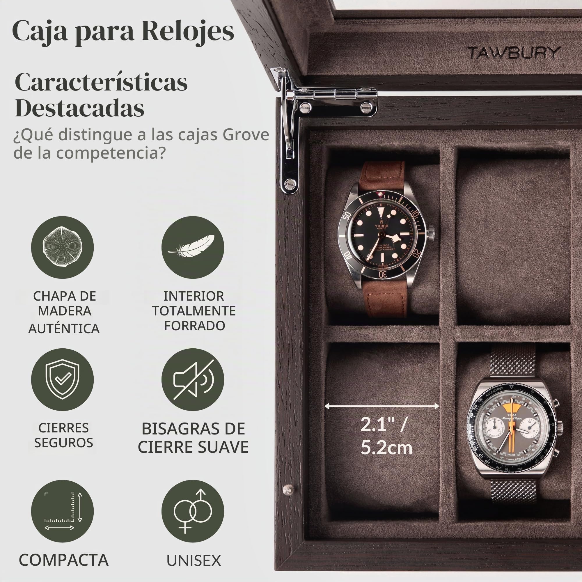 TAWBURY Caja organizadora de relojes de madera para hombre, cajas de reloj de madera para hombres, cajas de reloj para hombres, organizador de caja de reloj de 6 ranuras, caja de reloj para hombre