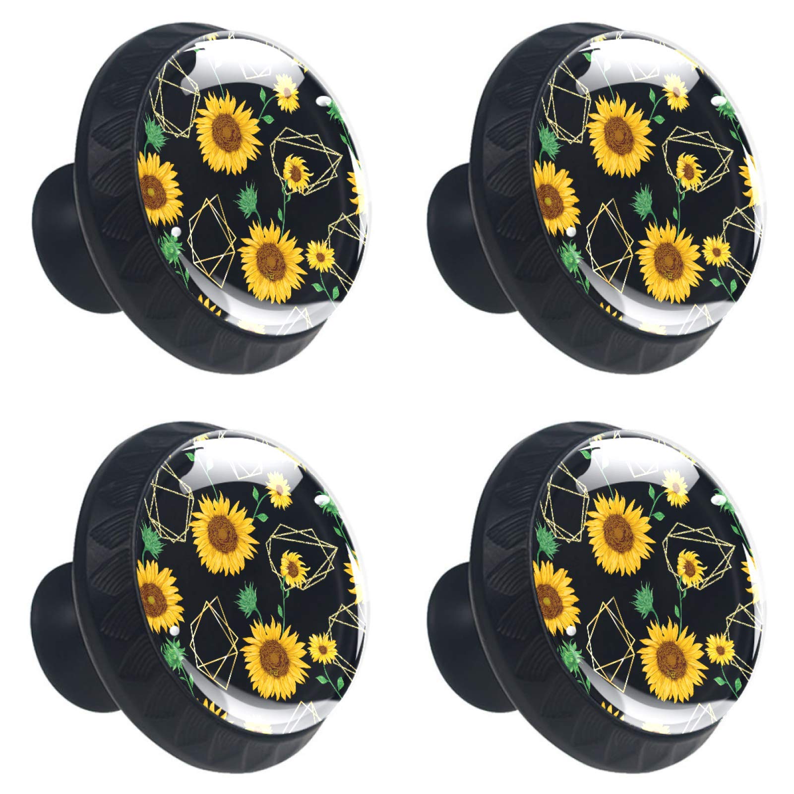 Bouton de tiroir en cristal de 30 mm haut de gamme avec motif de tournesol noir