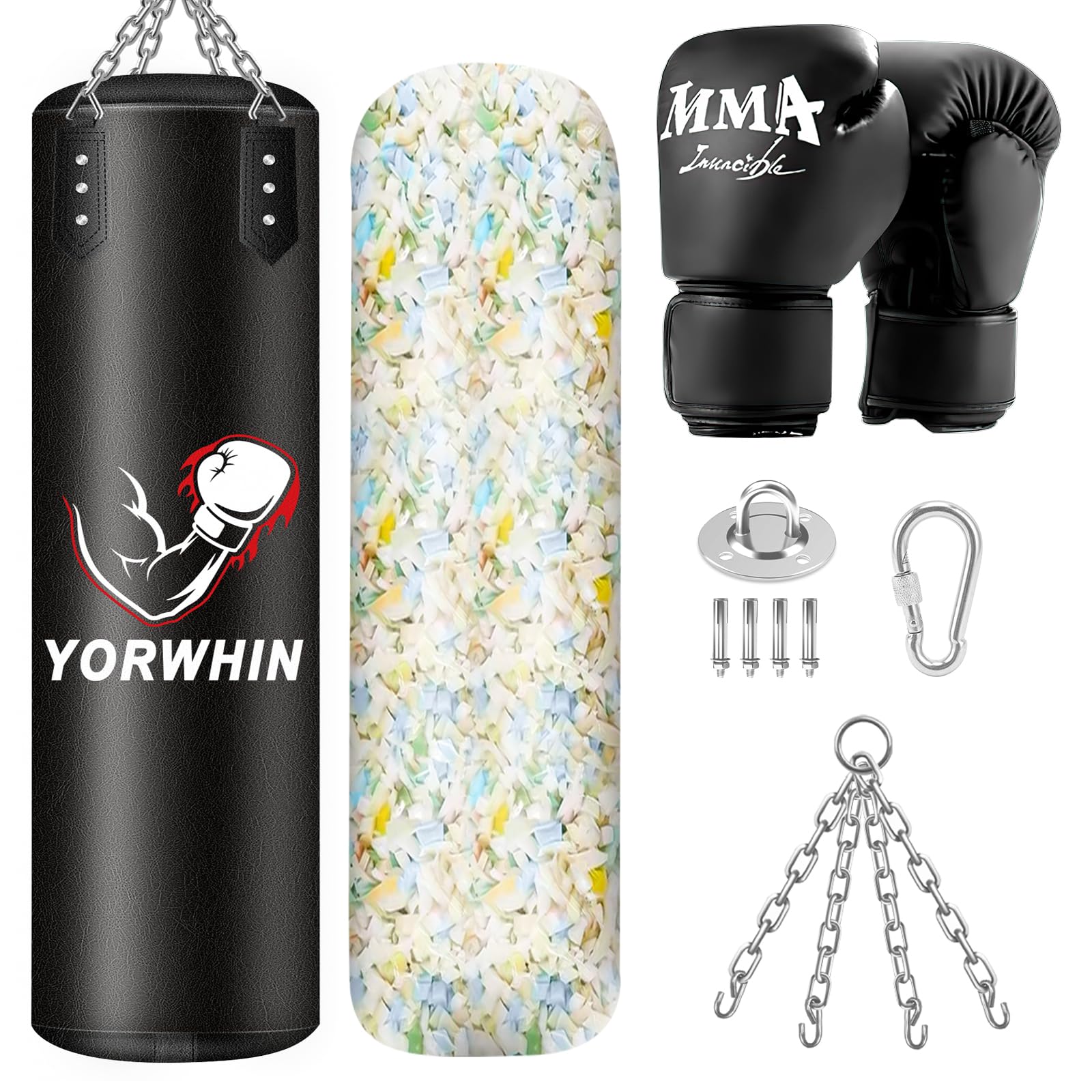 YORWHIN Sac de Frappe, Sac de Boxe Professionnel 120cm avec Gants et 5KG de Mousse Rembourrée pour Formation de MMA Muay Thai Kickboxing, avec Chaine Suspension Boxe Punching Bag