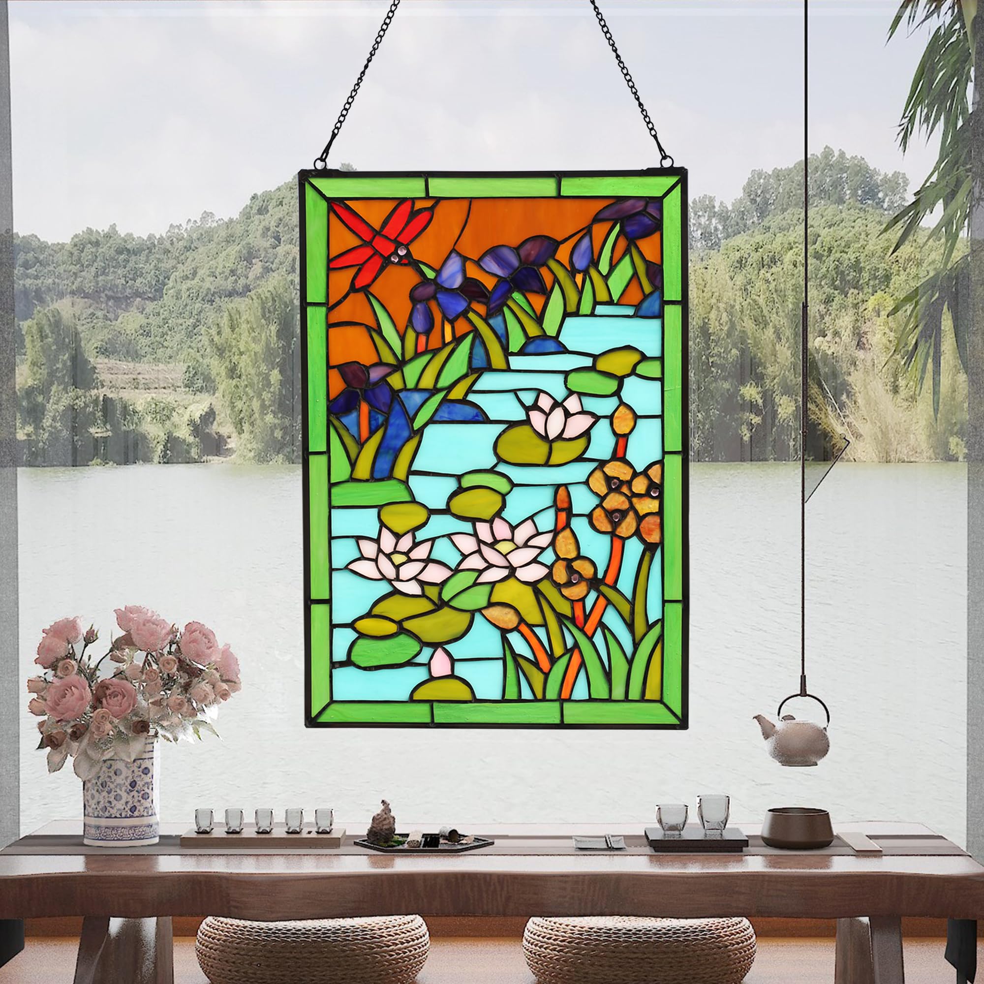 YOURANJU Buntglas-Fensterdekoration, Tiffany-Pflanzenstil, rechteckig, 40,6 x 27,9 cm, Fenster-Sonnenfänger, perfekter Fensterbehang, Einweihungsgeschenk (mit Kettenhaken)
